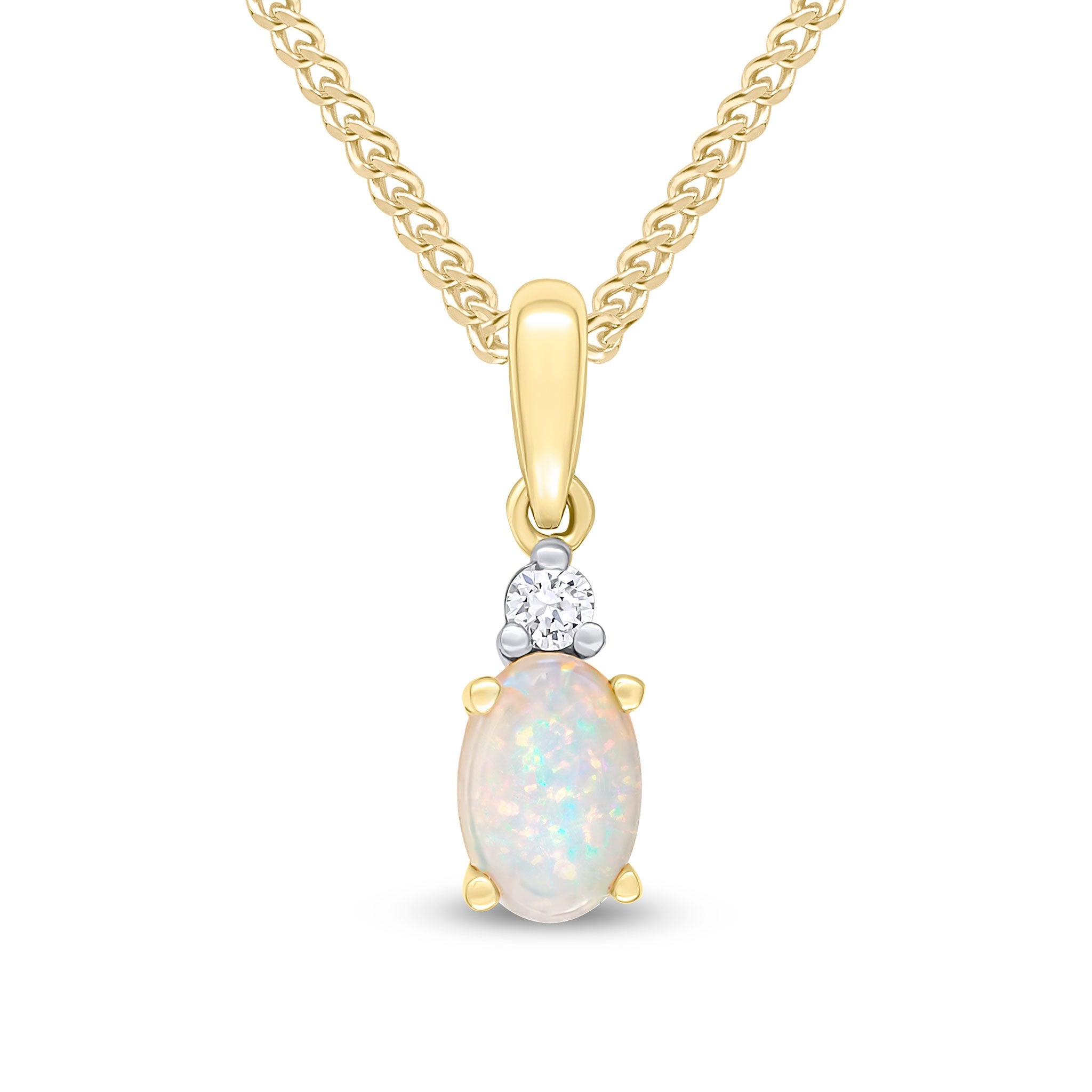 18CT YG 6X4 OVAL OPAL AND ROUND DIAMOND CLAW SET 2ST PENDANT