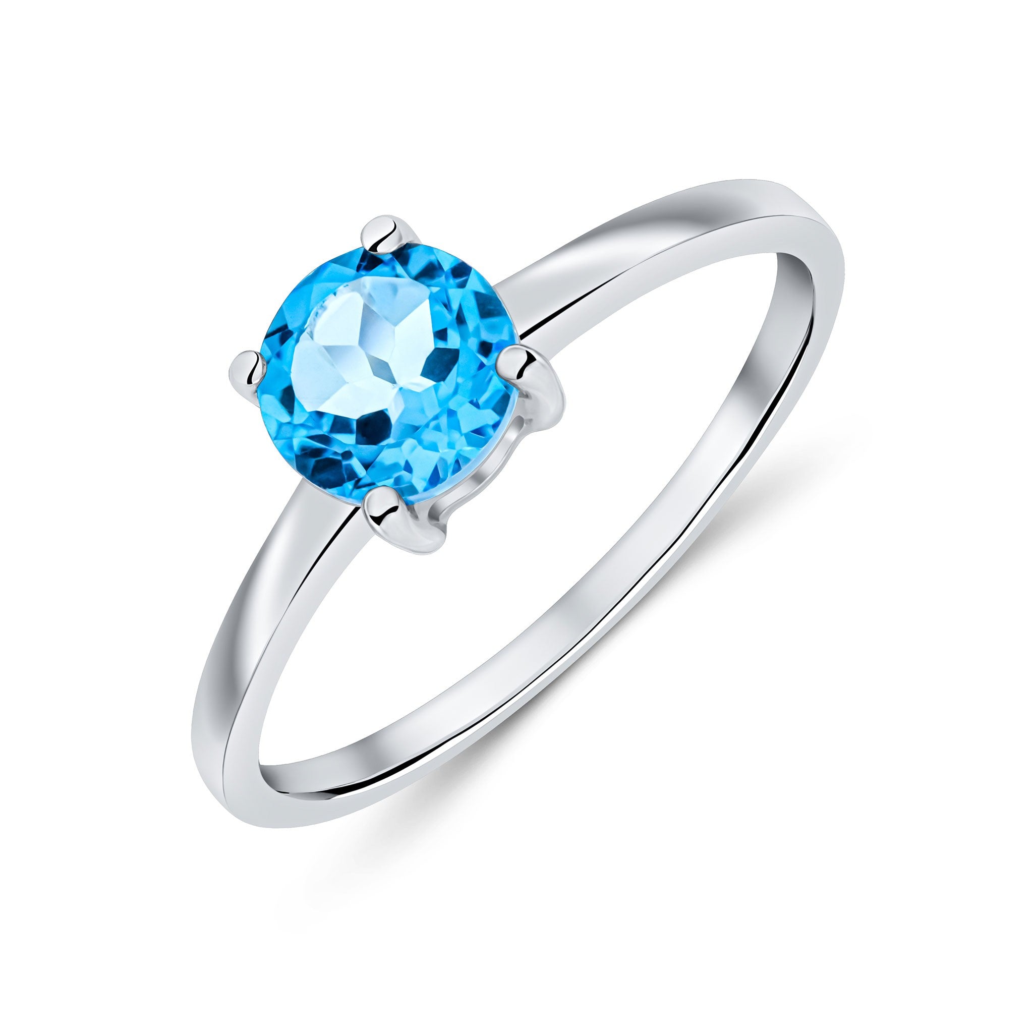 9CT WG 6MM ROUND SWISS BLUE TOPAZ 4 CLAW SINGLE STONE RING