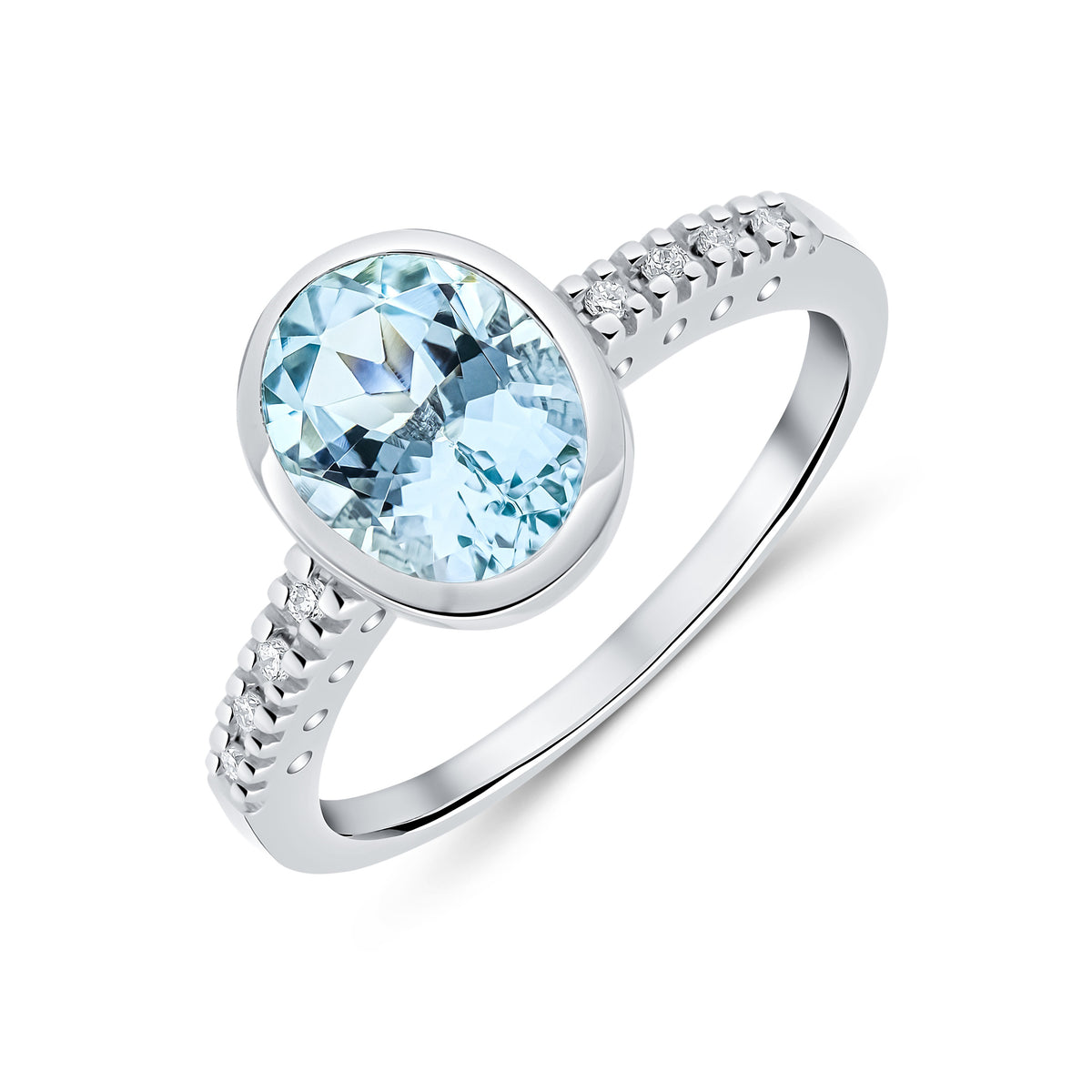 9CT WG RUBOVER 9X7 OVAL AQUA SINGLE STONE RING WITH CLAW SET DIAMOND SHOULDERS