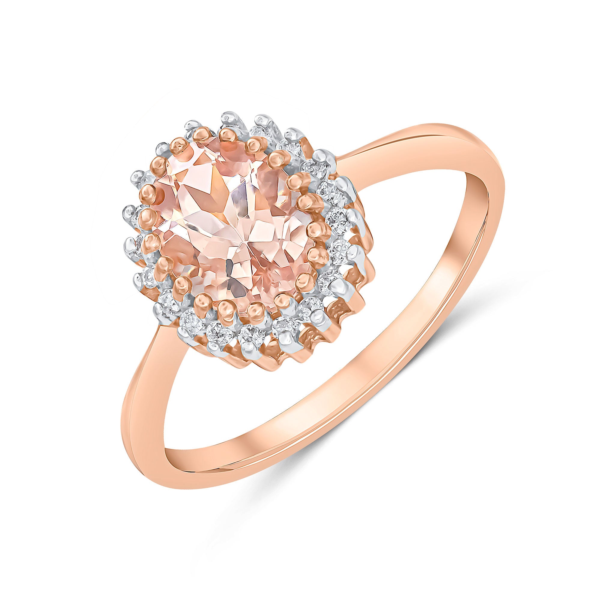 9CT RG 8X6 OVAL MORGANITE & DIAMOND CLAW SET CLUSTER RING. RHODIUM TO DIAMONDS