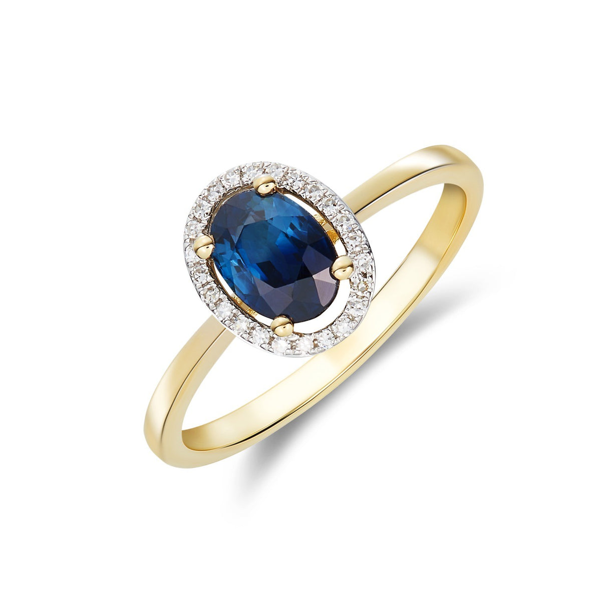 9CT YG 7X5 OVAL SAPPHIRE & ROUND DIAMOND HALO CLUSTER RING. RHODIUM TO DIAMONDS