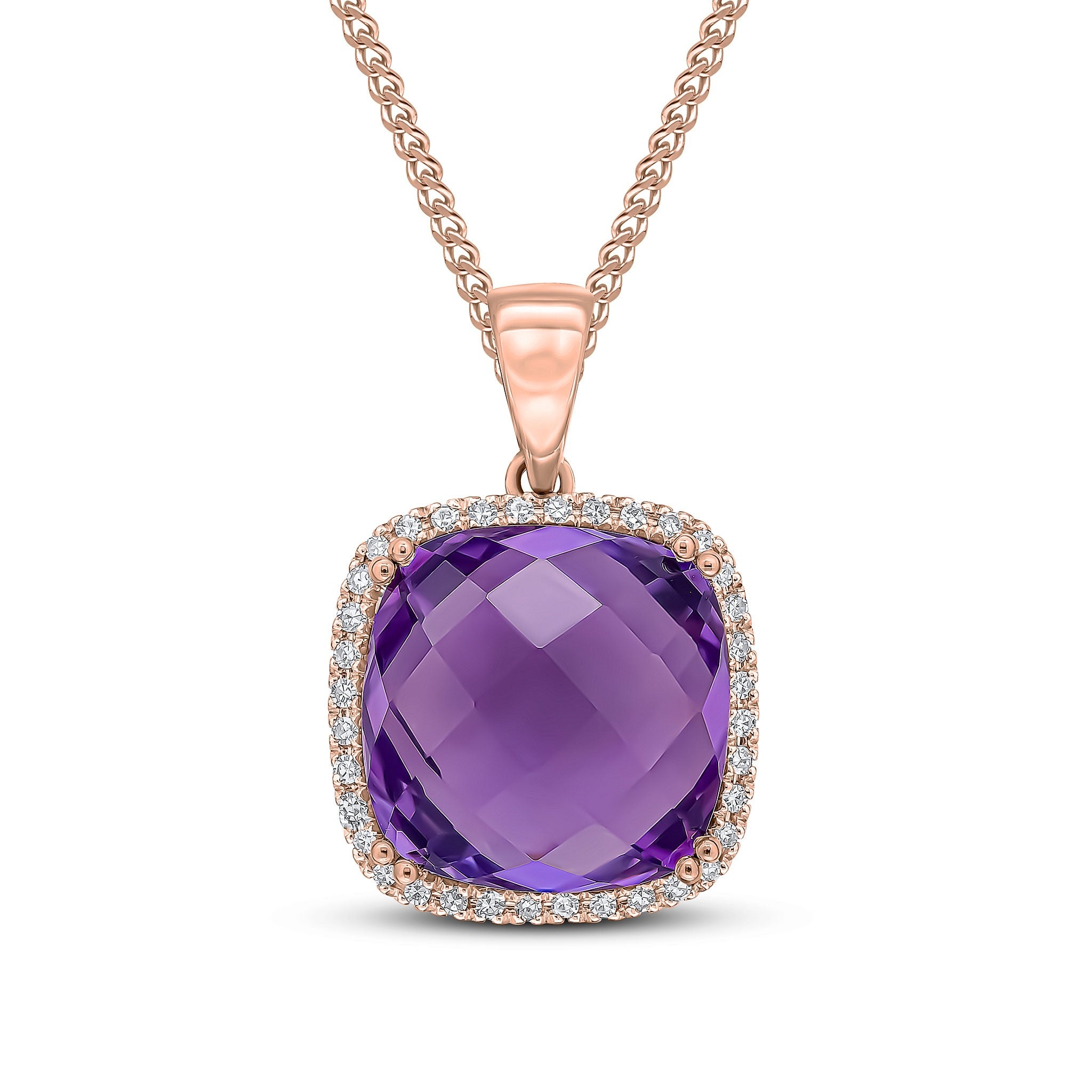 9CT RG 12MM CHECKERBOARD CUT CUSHION AMETHYST & DIAMOND CLUSTER PENDANT. RHODIUM TO DIAMONDS