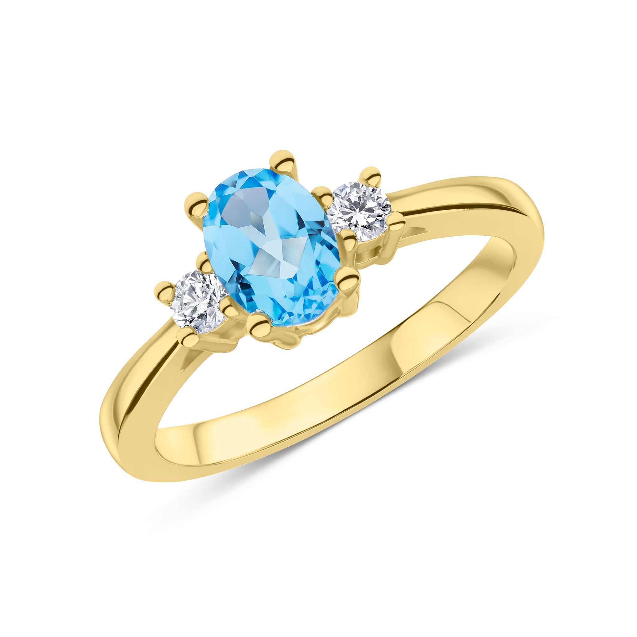 9CT YG 7X5 OVAL SWISS BLUE TOPAZ AND ROUND DIAMOND CLAW SET 3ST RING. RHODIUM TO DIAMONDS