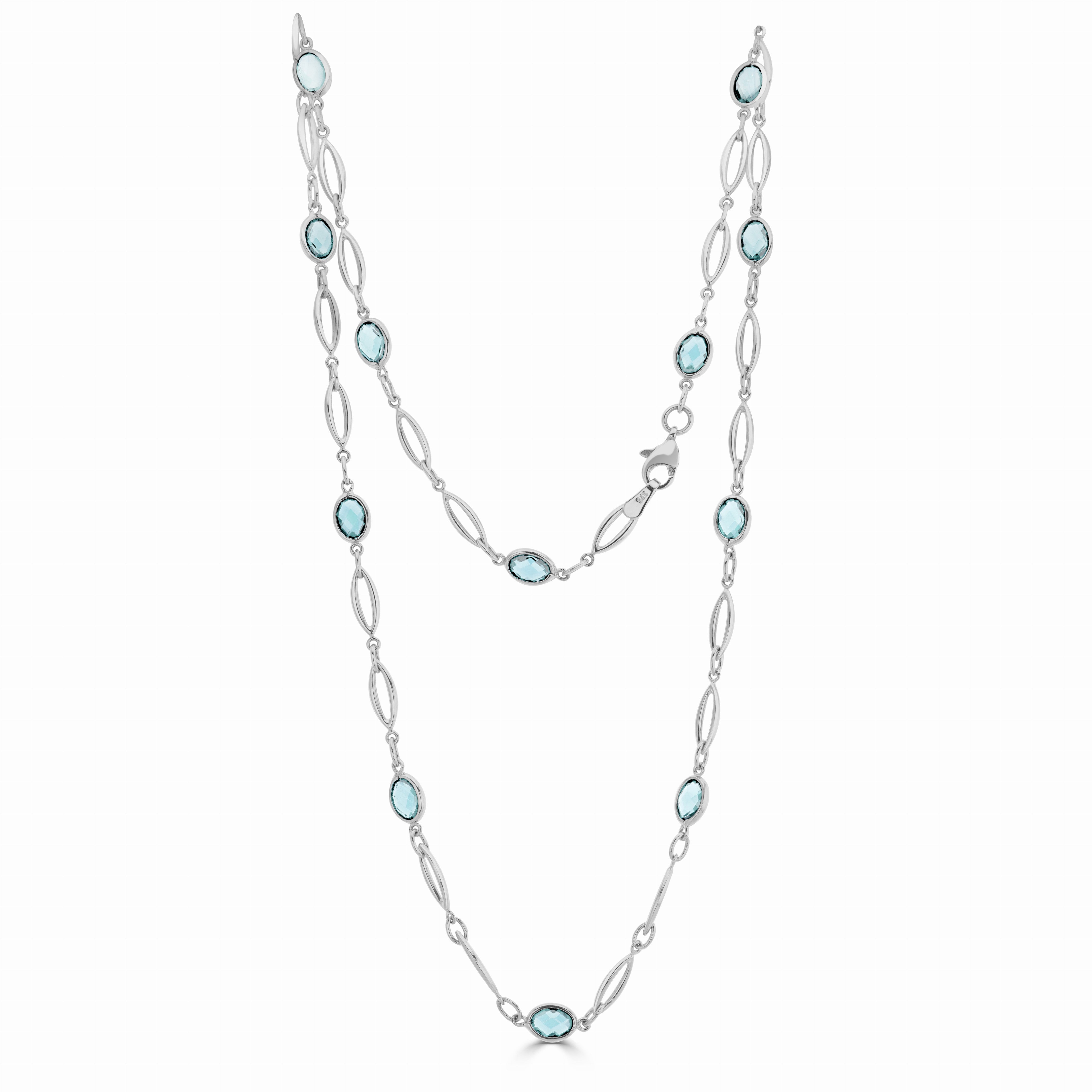 9CT WHITE GOLD SPEC SET OVAL BLUE TOPAZ & GOLD OPEN MARQUISE MOTIFS NECKLACE