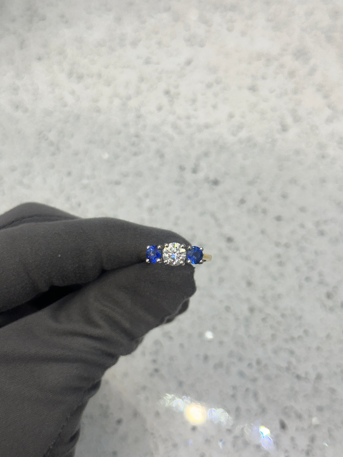 18ct Yellow Gold Platinum head Blue Sapphire & Diamond Trilogy/3 Stone Ring