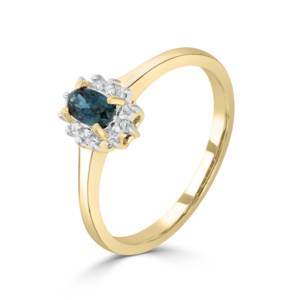 9CT YG 5X3 OVAL SAPPHIRE & DIAMOND CLAW SET CLUSTER RING. RHODIUM TO DIAMONDS