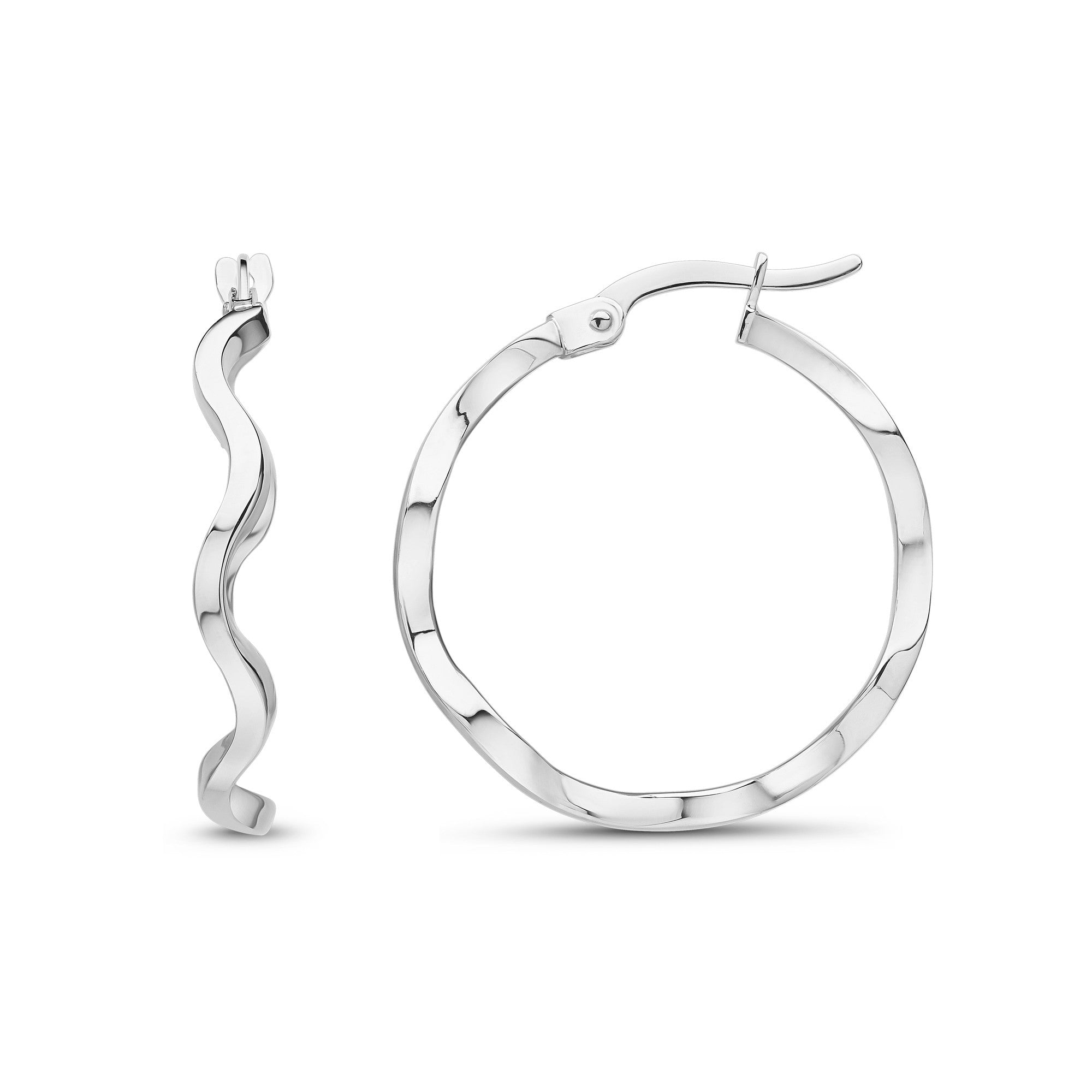 9CT WG ROUND POLISHED WAVY HOOP EARRINGS. 23MM DIAMETER