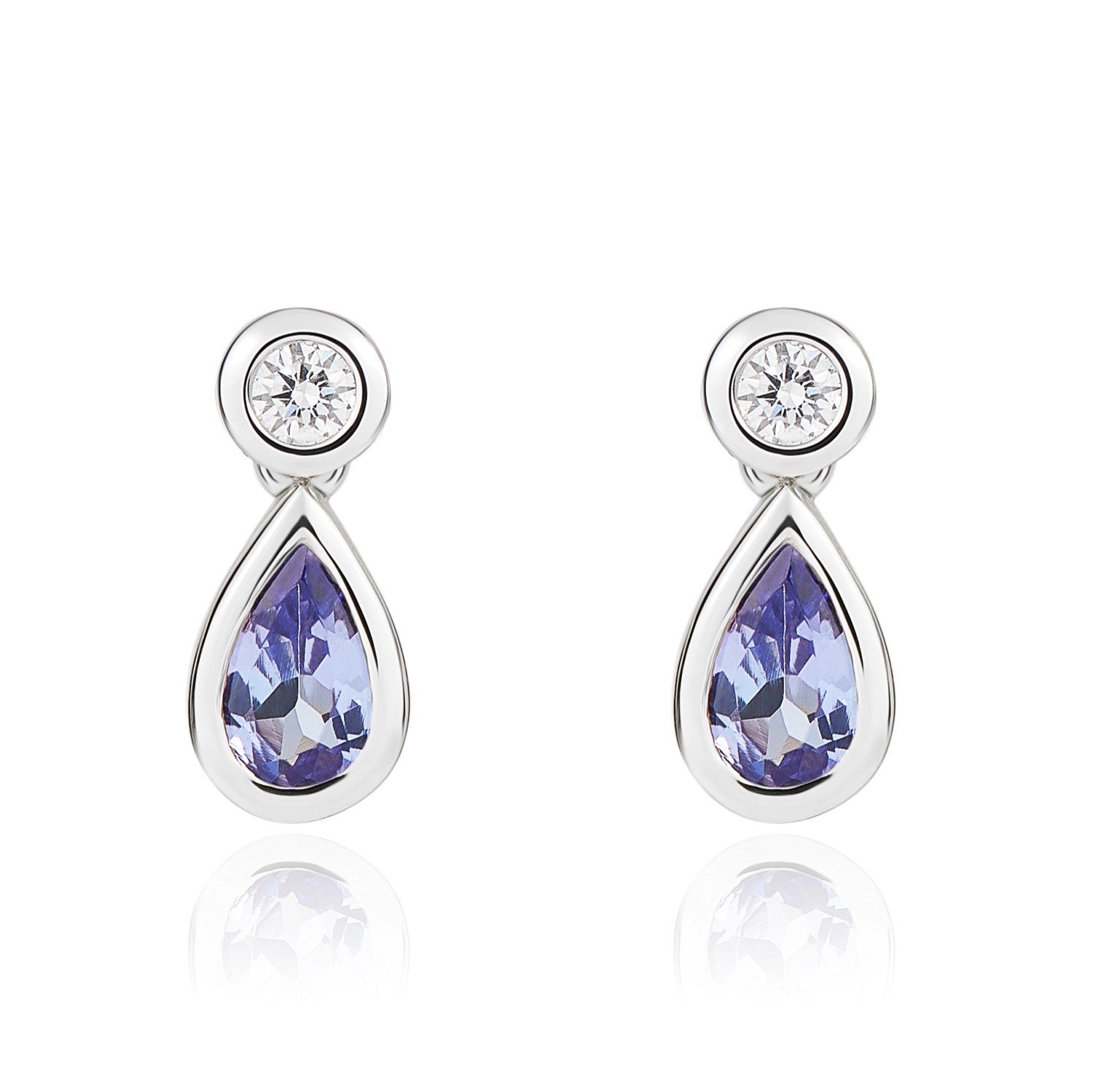 18CT WG PEARSHAPE TANZANITE AND ROUND DIAMOND RUBOVER 2ST DROP EARRINGS