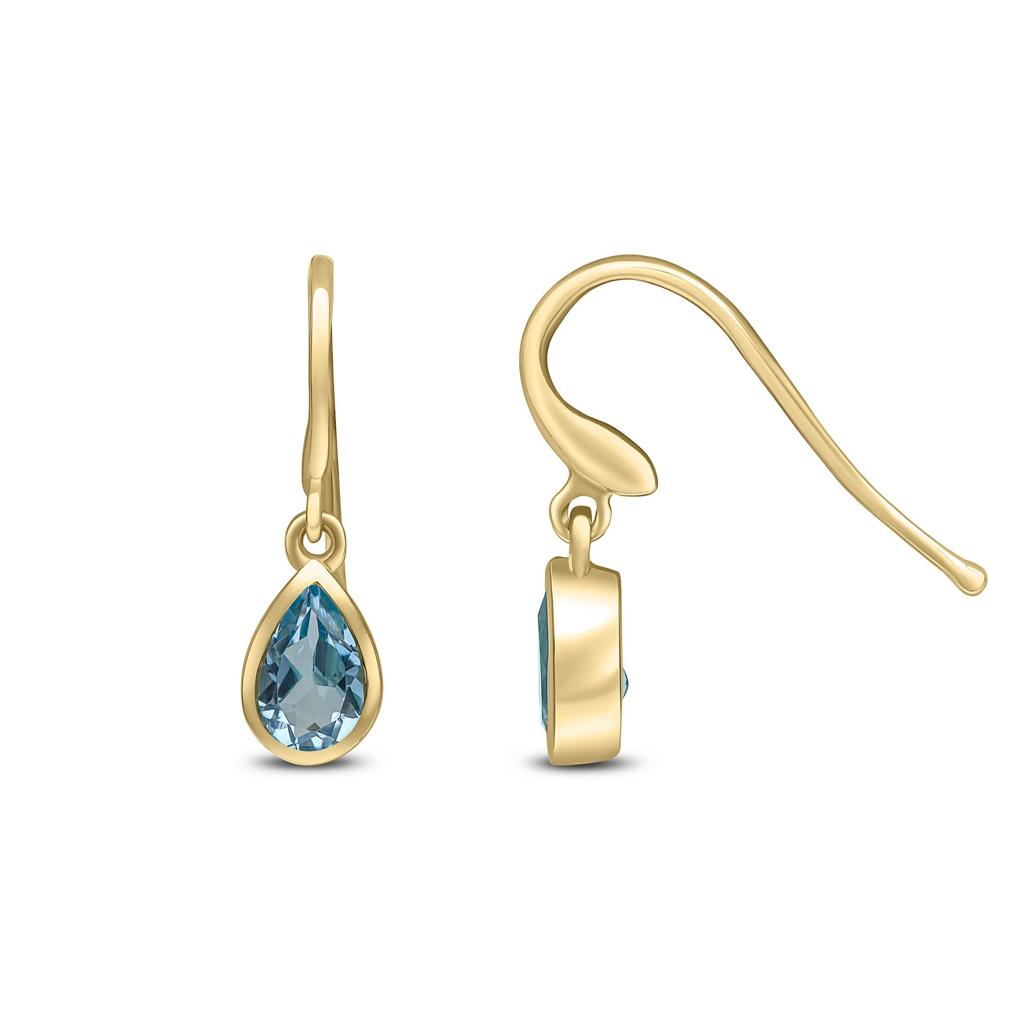 9CT YG 6X4 PEARSHAPE SWISS BLUE TOPAZ RUBOVER DROP EARRINGS. HOOK WIRE FITTING