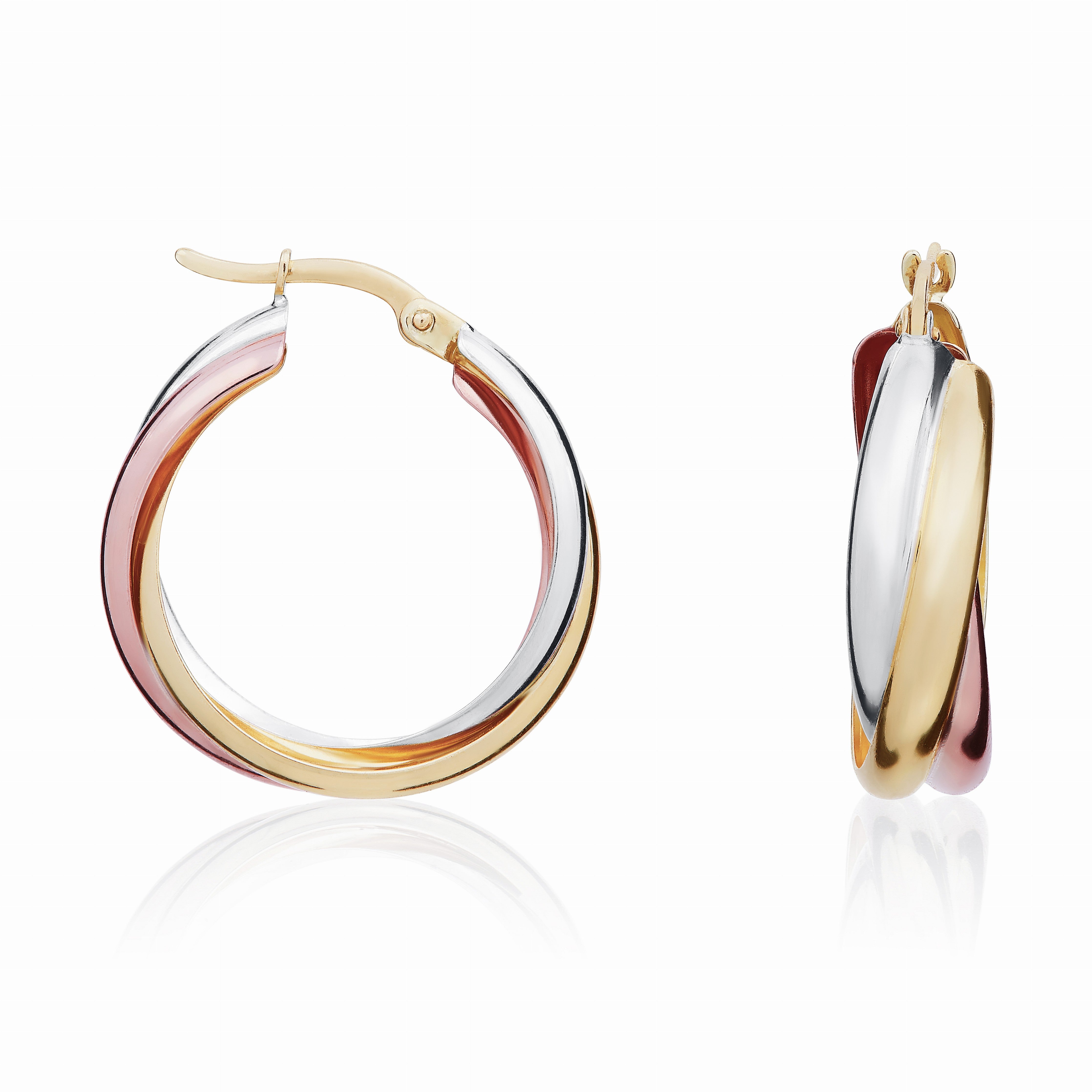9CT 3 COLOUR GOLD RUSSIAN WEDDING RING STYLE HOOP EARRINGS