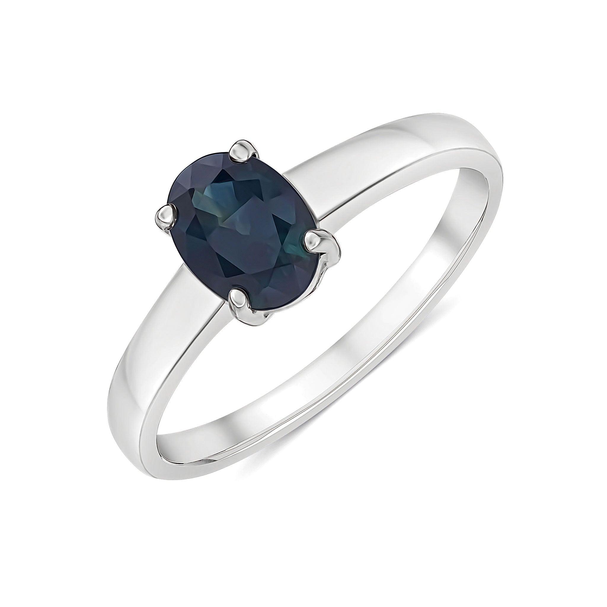 9CT WG 7X5MM OVAL SAPPHIRE 4 CLAW SINGLE STONE RING