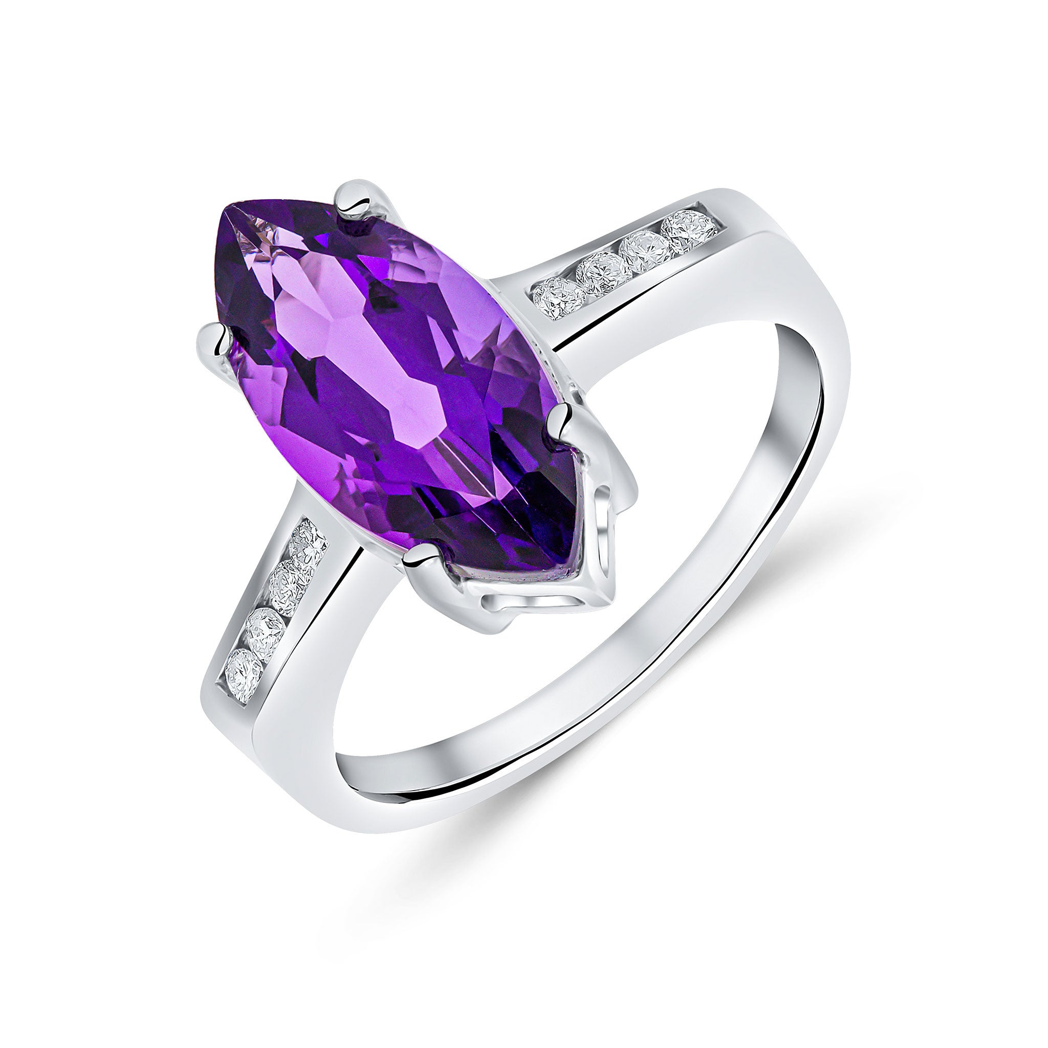 9CT WG 15X7 MARQUISE AMETHYST SINGLE STONE RING WITH CHANNEL SET DIAMOND SHOULDERS