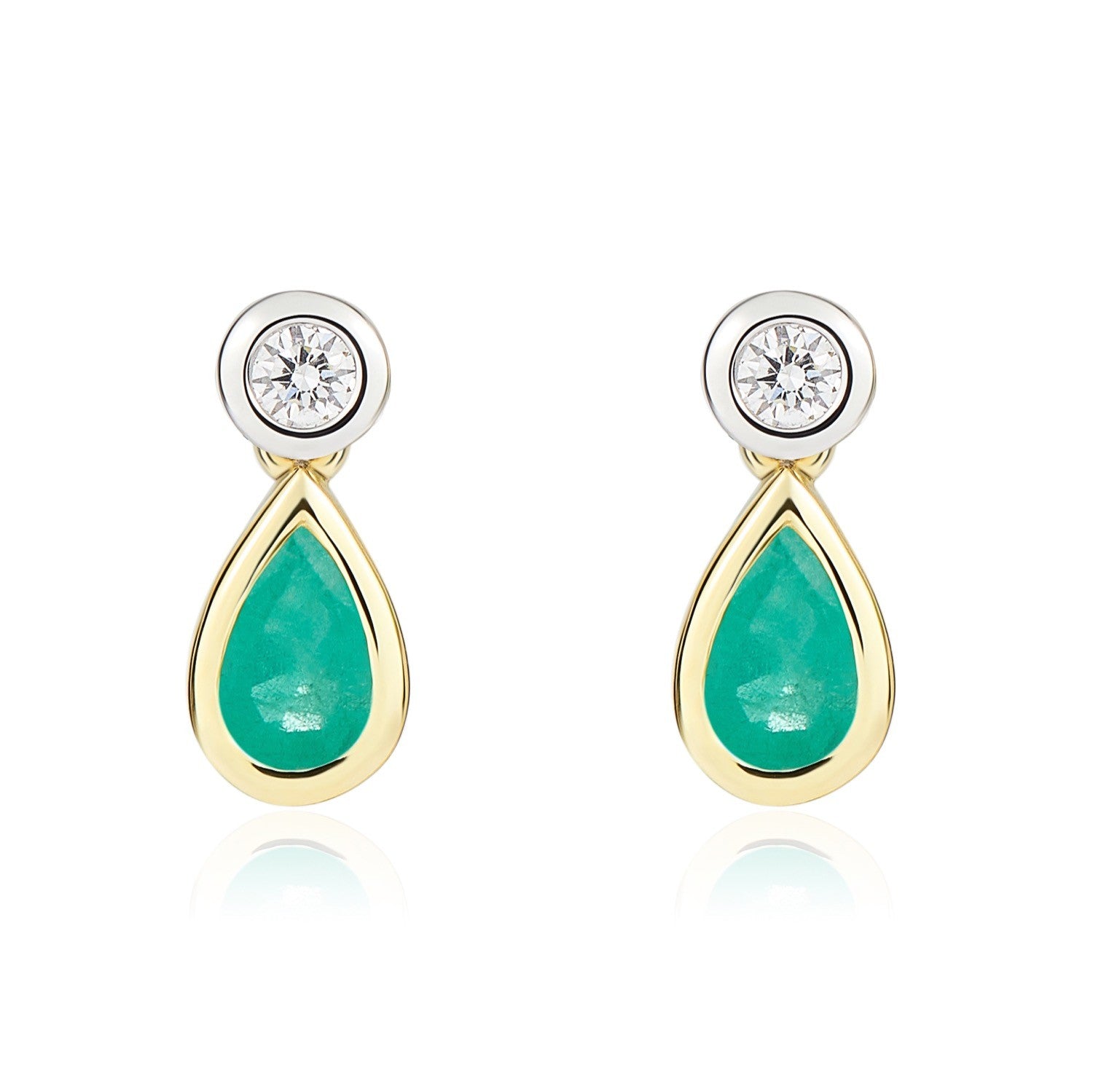 18CT YWG PEARSHAPE EMERALD AND ROUND DIAMOND RUBOVER 2ST DROP EARRINGS