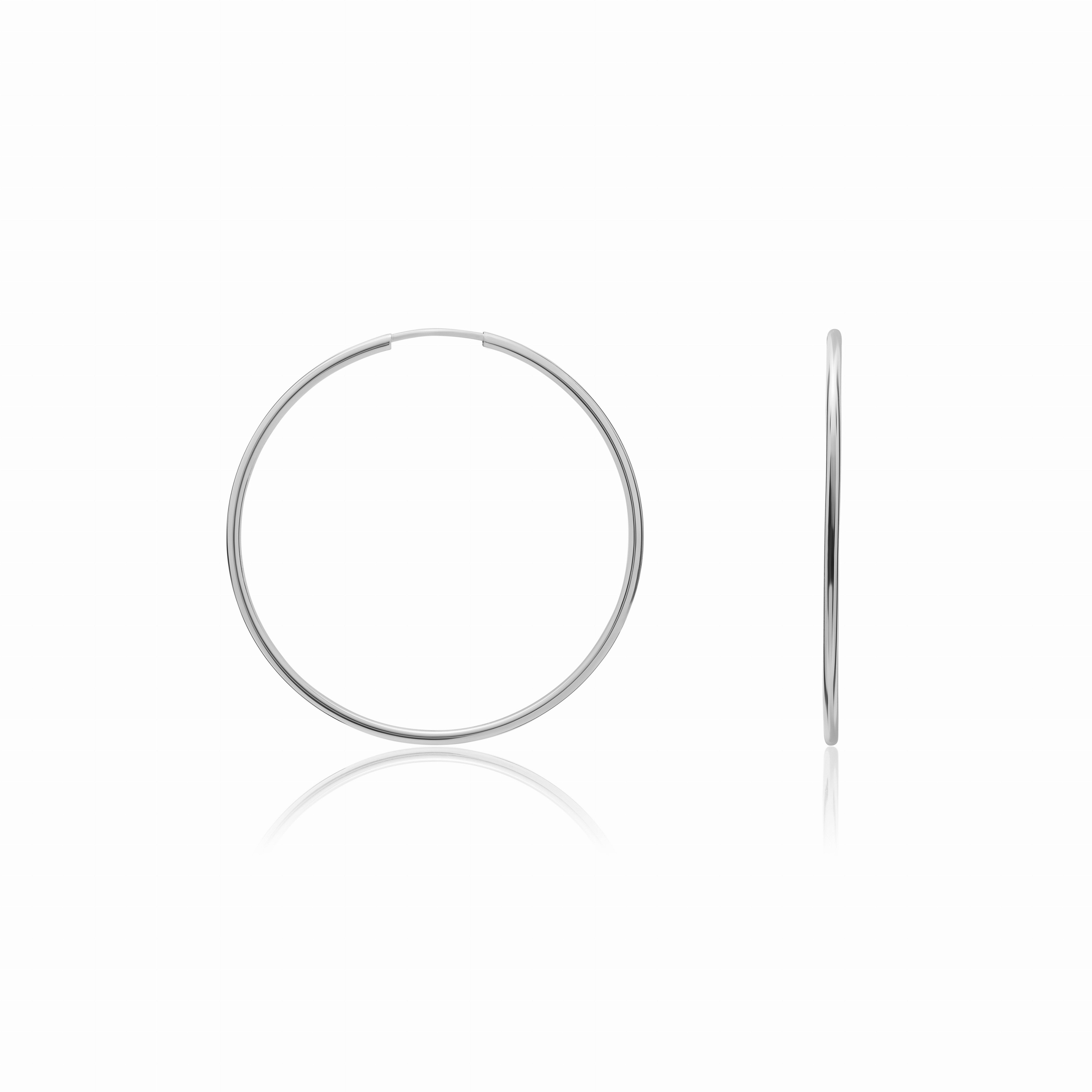 9CT WHITE GOLD THIN SLEEPER HOOP EARRINGS. 42MM DIAMETER