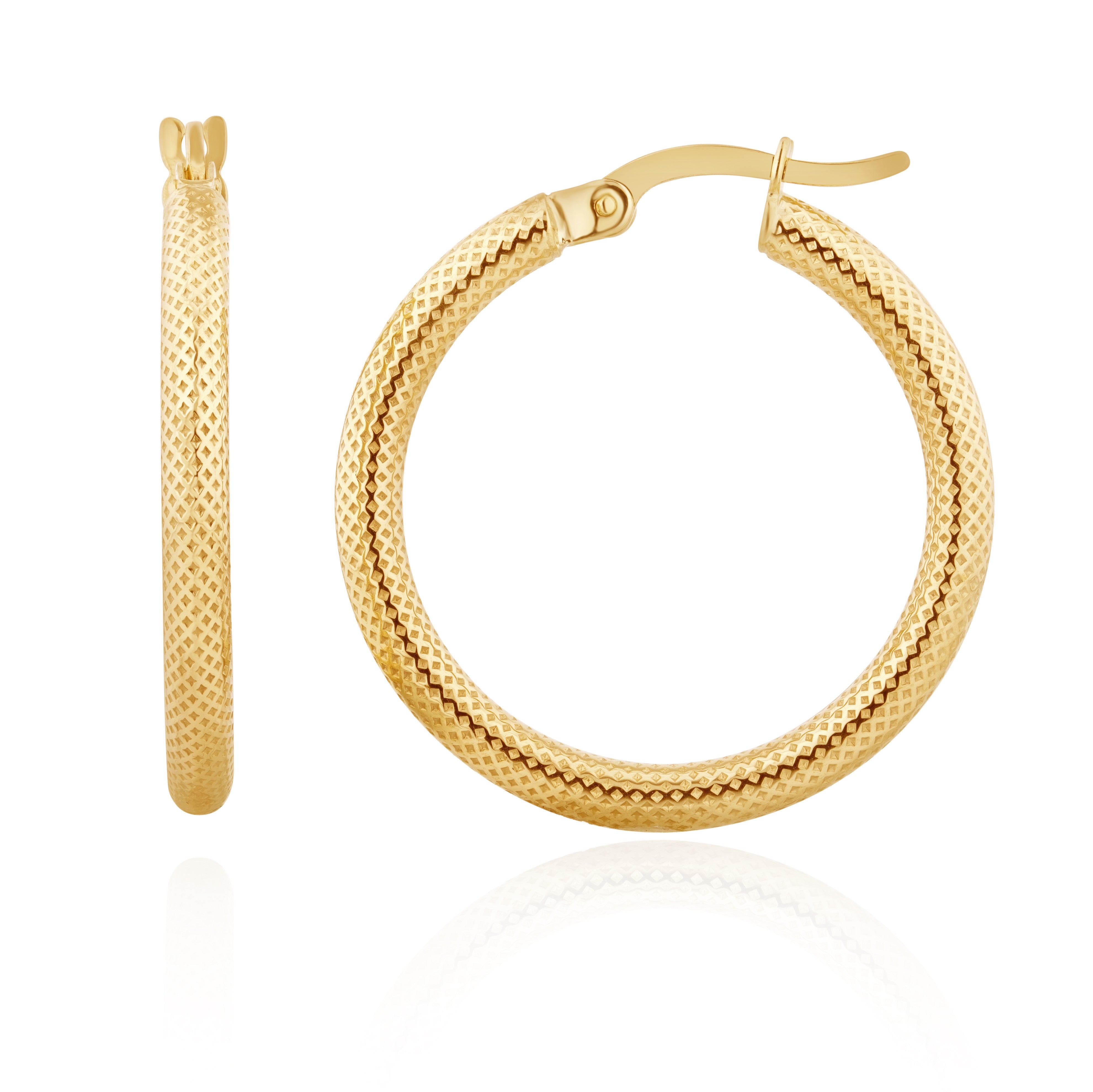9CT YELLOW GOLD STIPPLED ROUND HOOP EARRINGS. 25MM OUTER DIAMETER