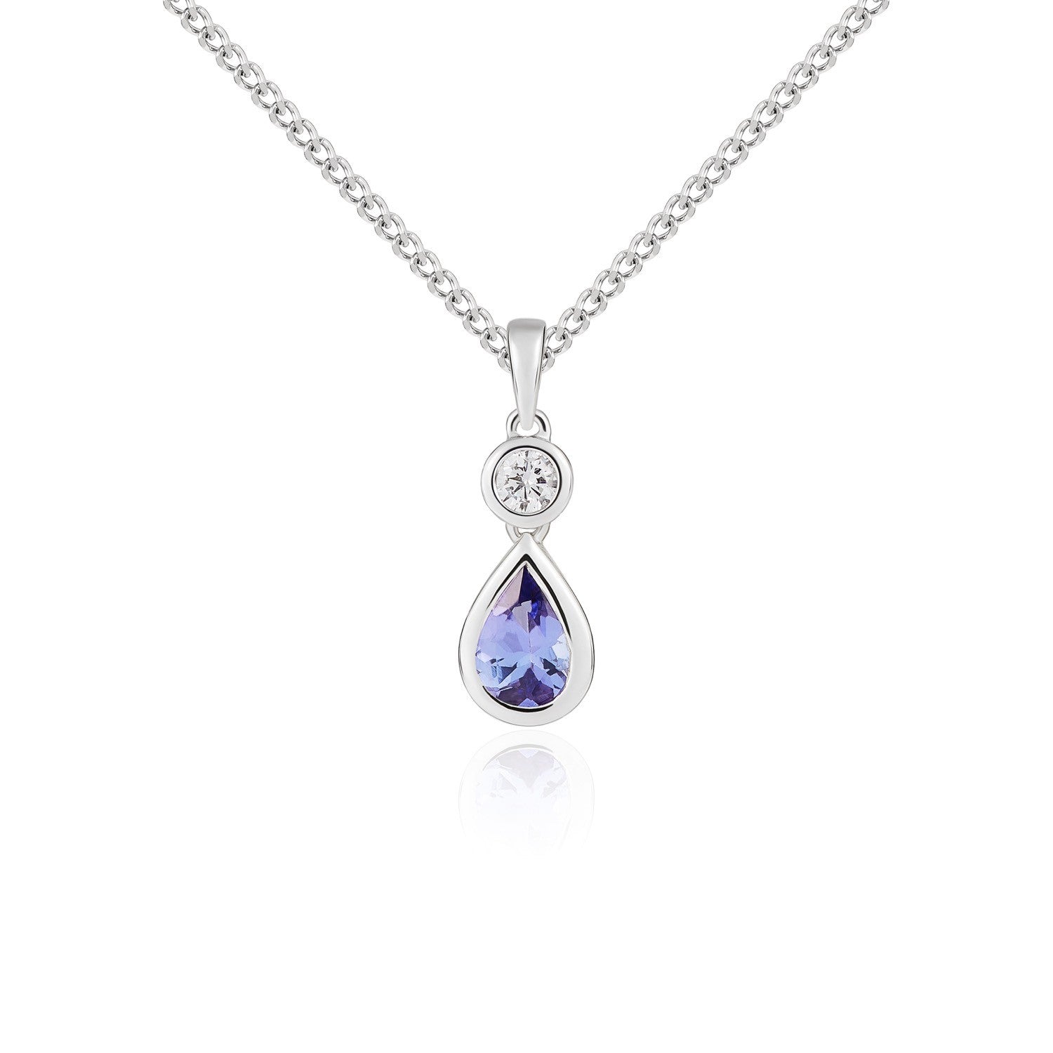 18CT WG PEARSHAPE TANZANITE AND ROUND DIAMOND 2ST RUBOVER PENDANT