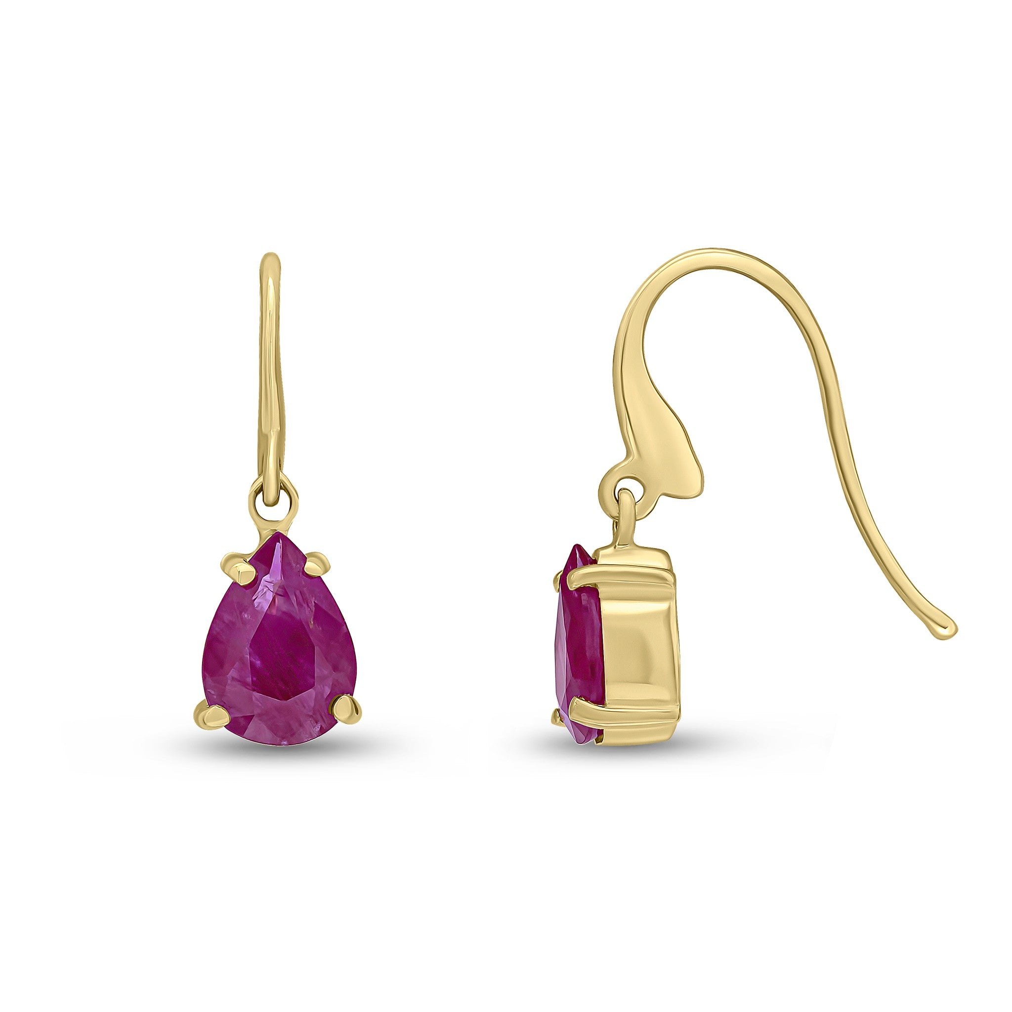 9CT YG 7X5MM PEARSHAPE RUBY CLAW SET WIRE HOOK DROP EARRINGS