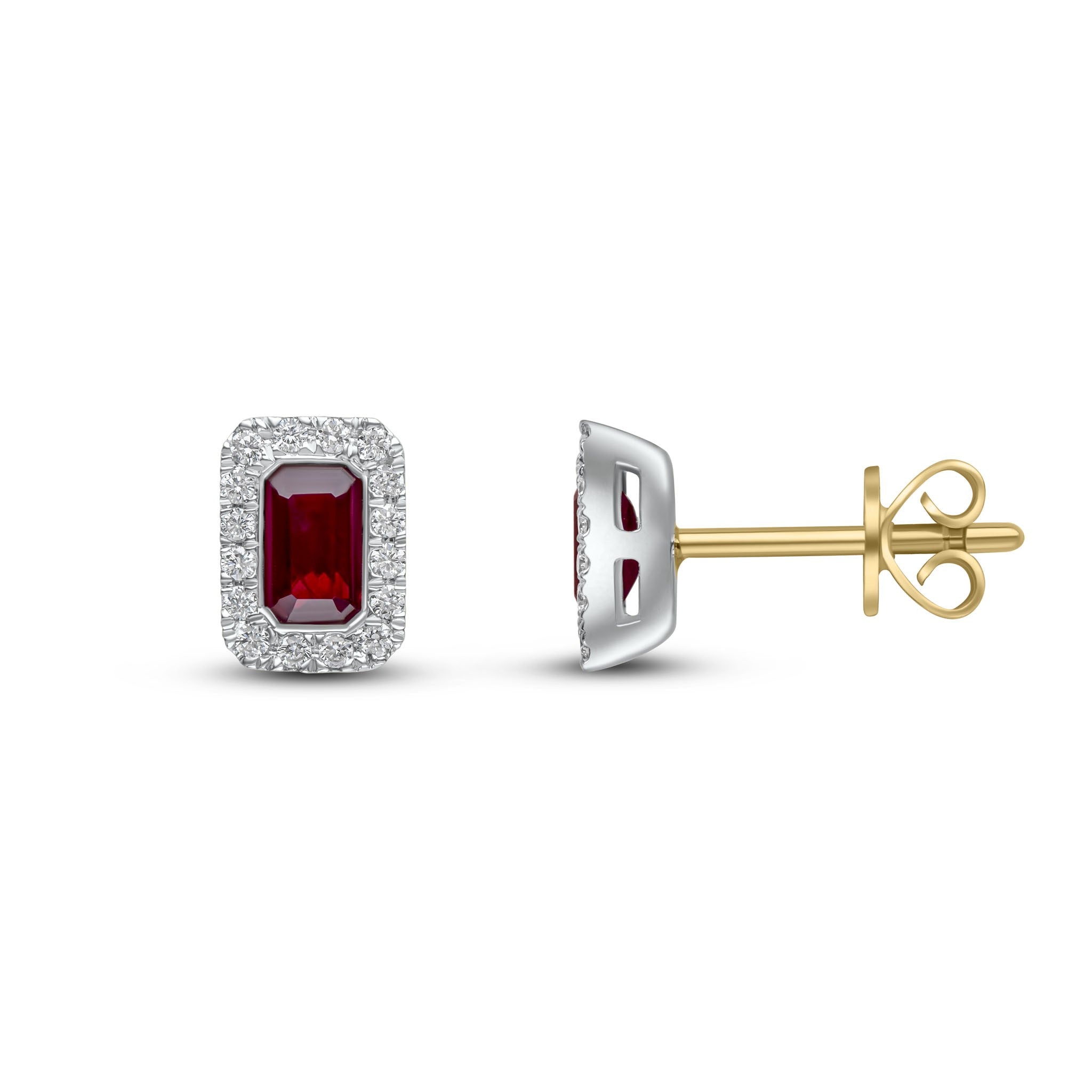 18CT WG 5X3 OCTAGON RUBY & DIAMOND CLUSTER EARRINGS WITH YG PEG AND SCROLL FITTINGS