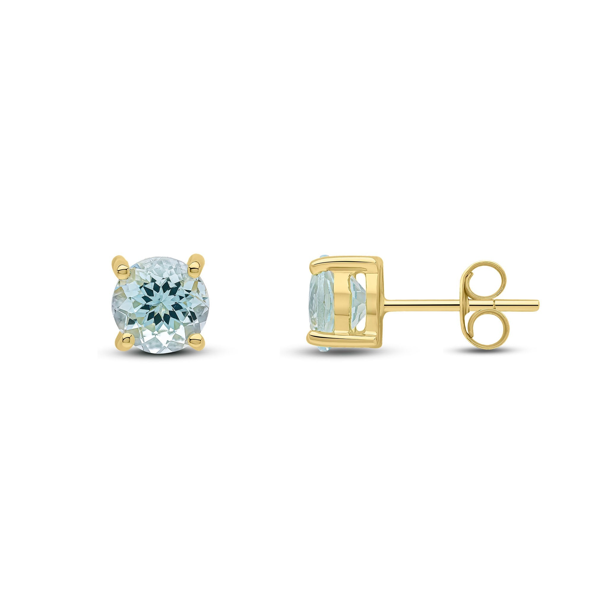 9CT YG 6MM ROUND AQUA 4 CLAW EARRINGS