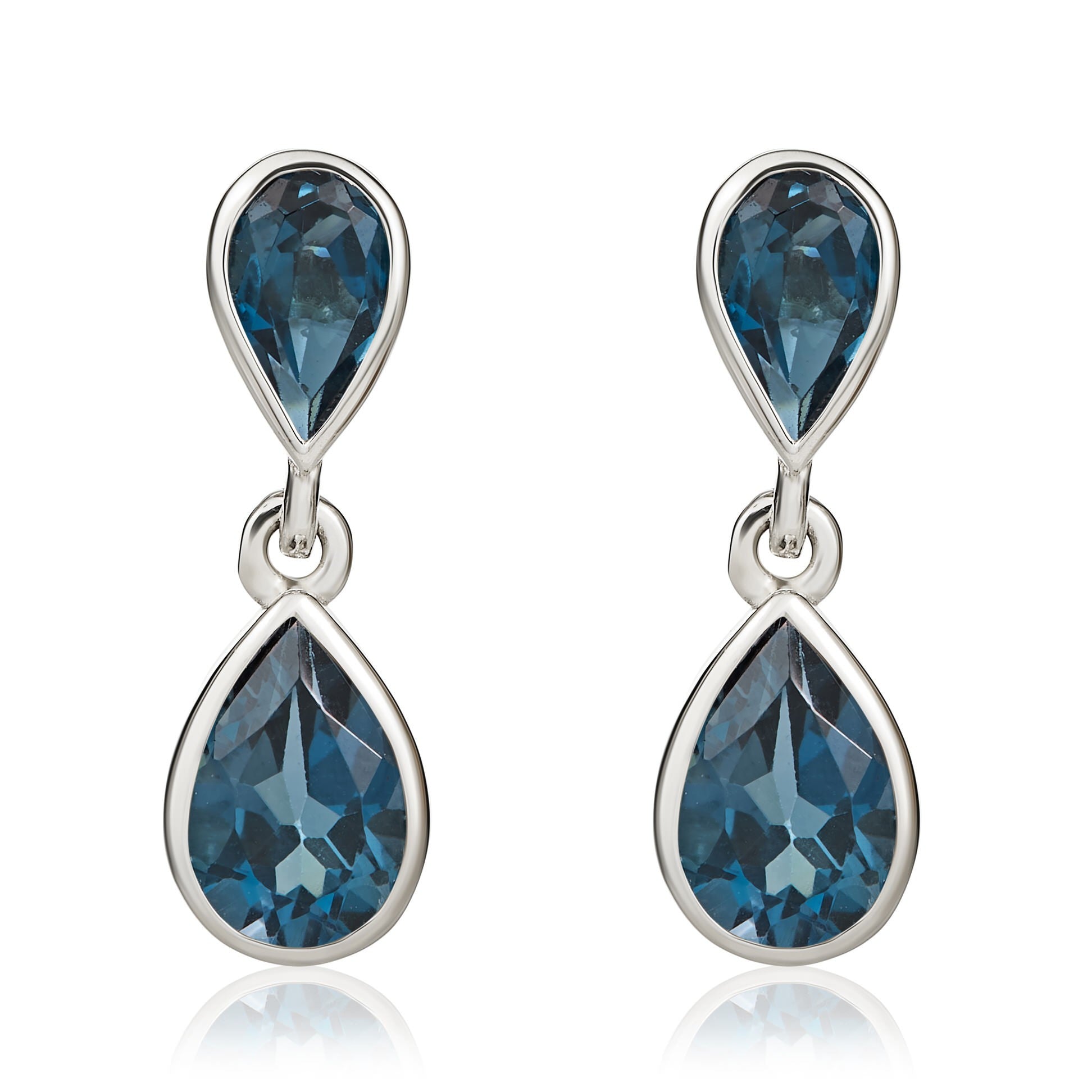 9CT WG PEARSHAPE LONDON BLUE TOPAZ RUBOVER 2ST DROP EARRINGS