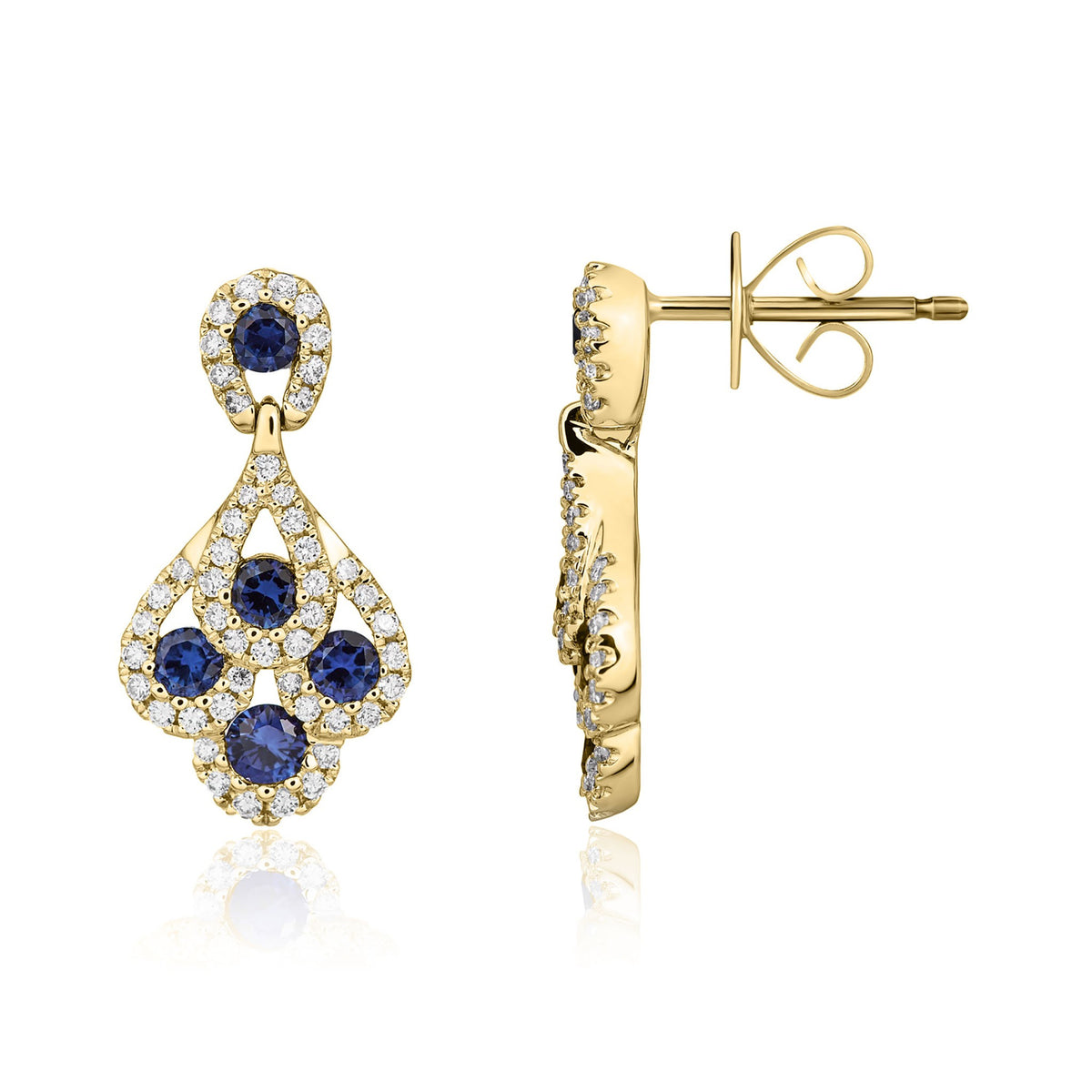 18CT YELLOW GOLD ROUND SAPPHIRE & DIAMOND 'PEACOCK' DROP EARRINGS