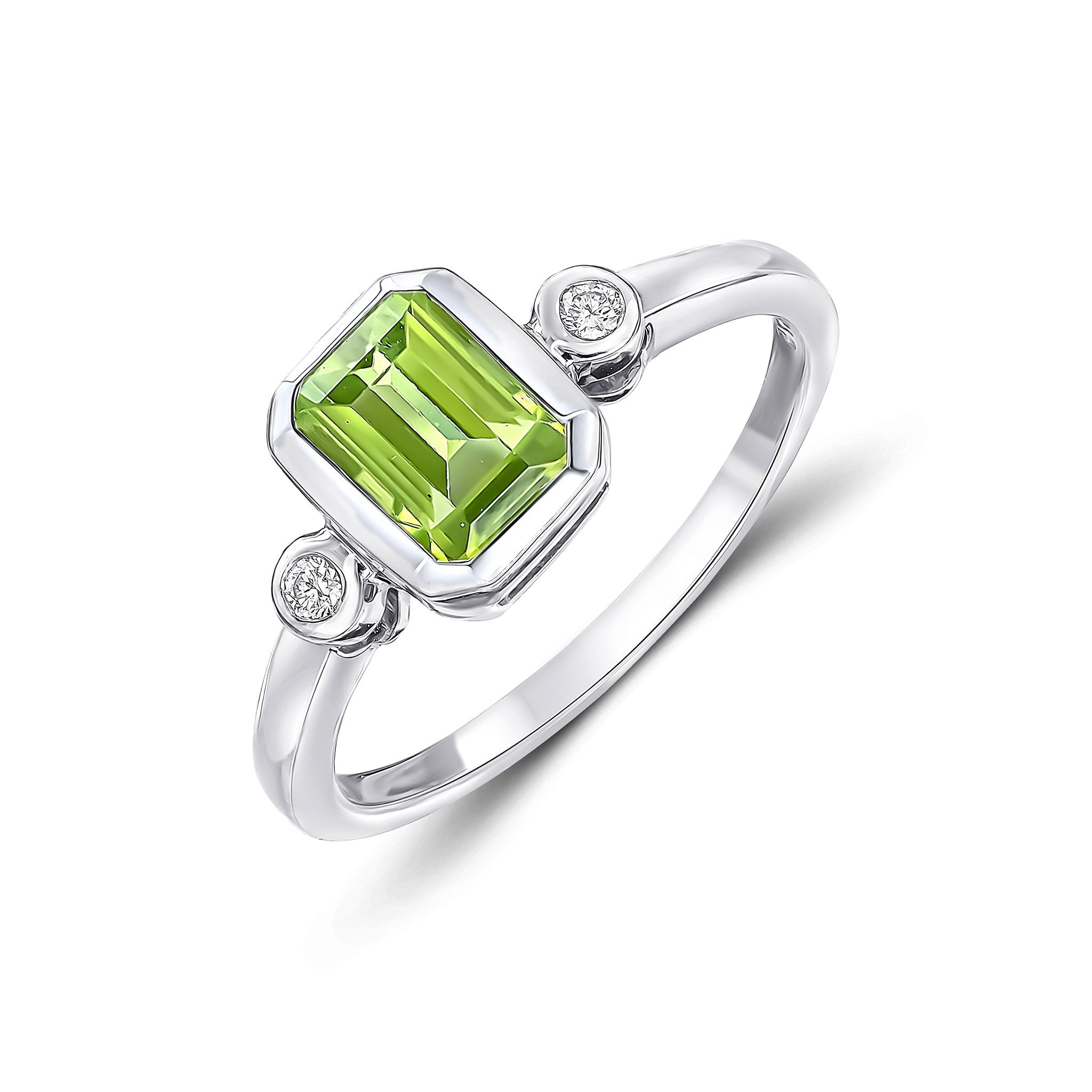 9CT WG 7X5 OCTAGON PERIDOT AND ROUND DIAMOND 3ST RUBOVER RING