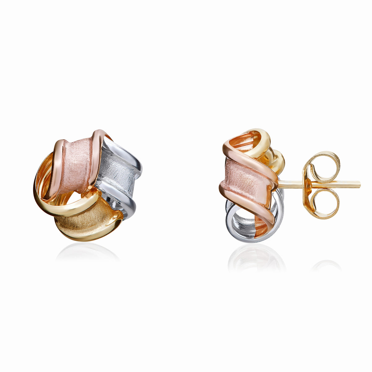 9CT YELLOW, WHITE AND ROSE GOLD FROSTED AND POLISHED RIBBON KNOT STUD EARRINGS