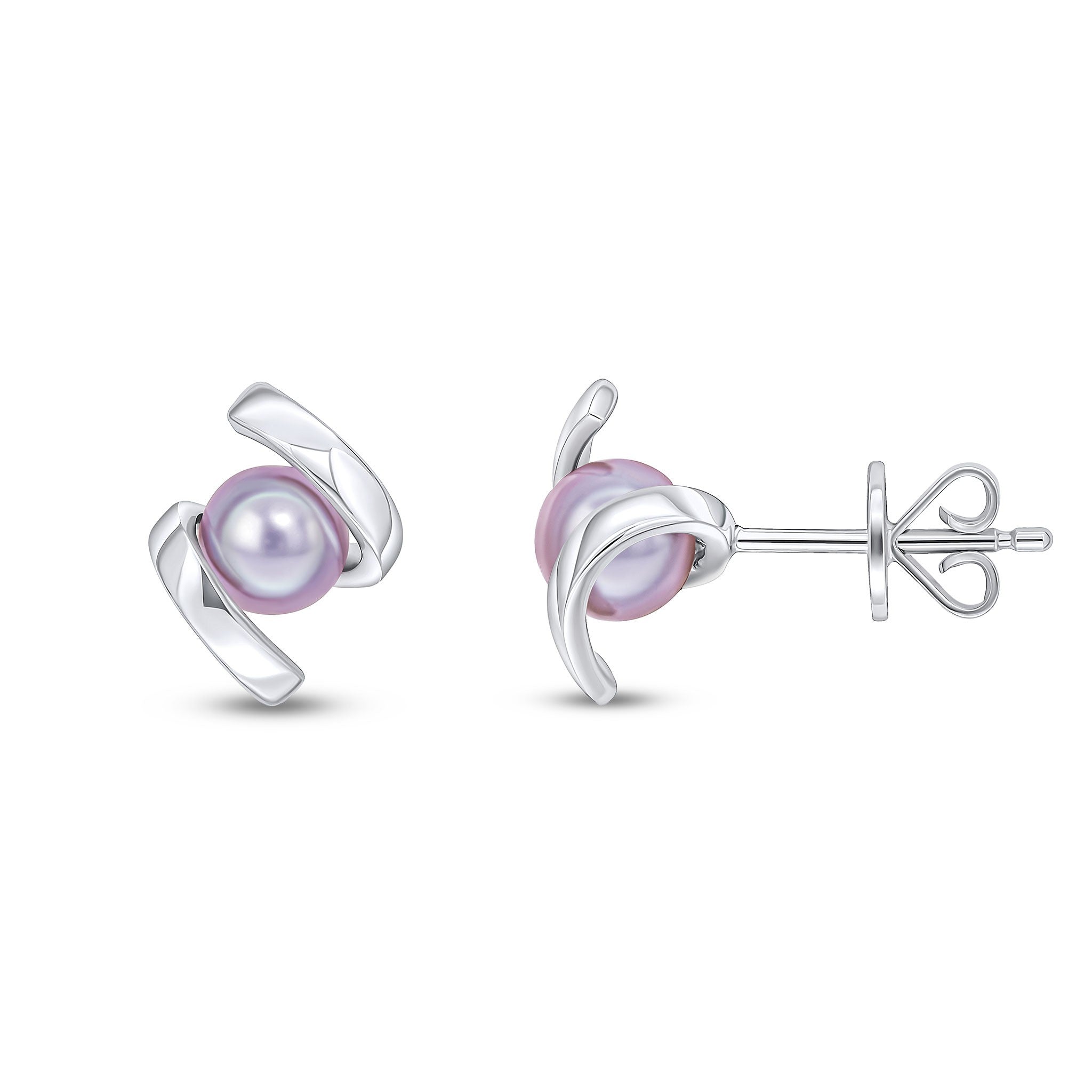 9CT WHITE GOLD GREY  ROUND CULTURED FRESHWATER PEARL TWIST STUD EARRINGS