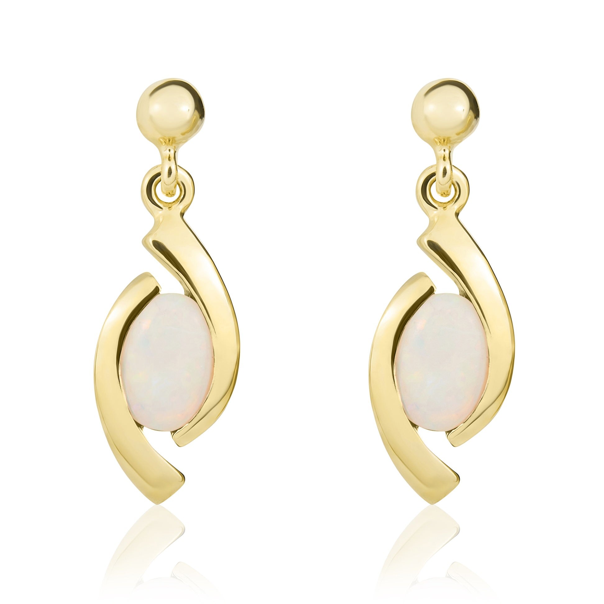 9CT YG OVAL OPAL 'EYE' DROP EARRINGS WITH 3MM BEAD TOP