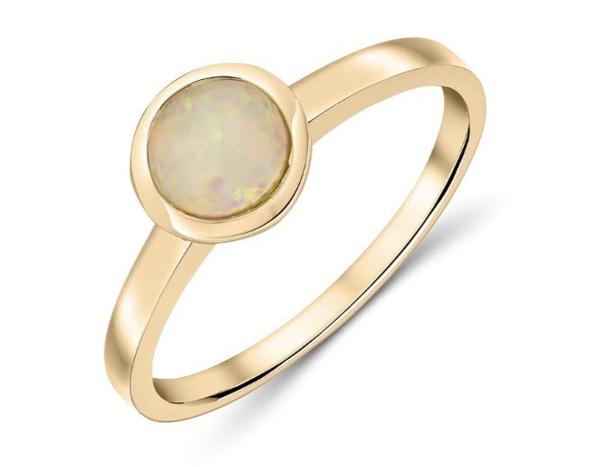 9CT YG 6MM ROUND OPAL RUBOVER SET SINGLE STONE RING