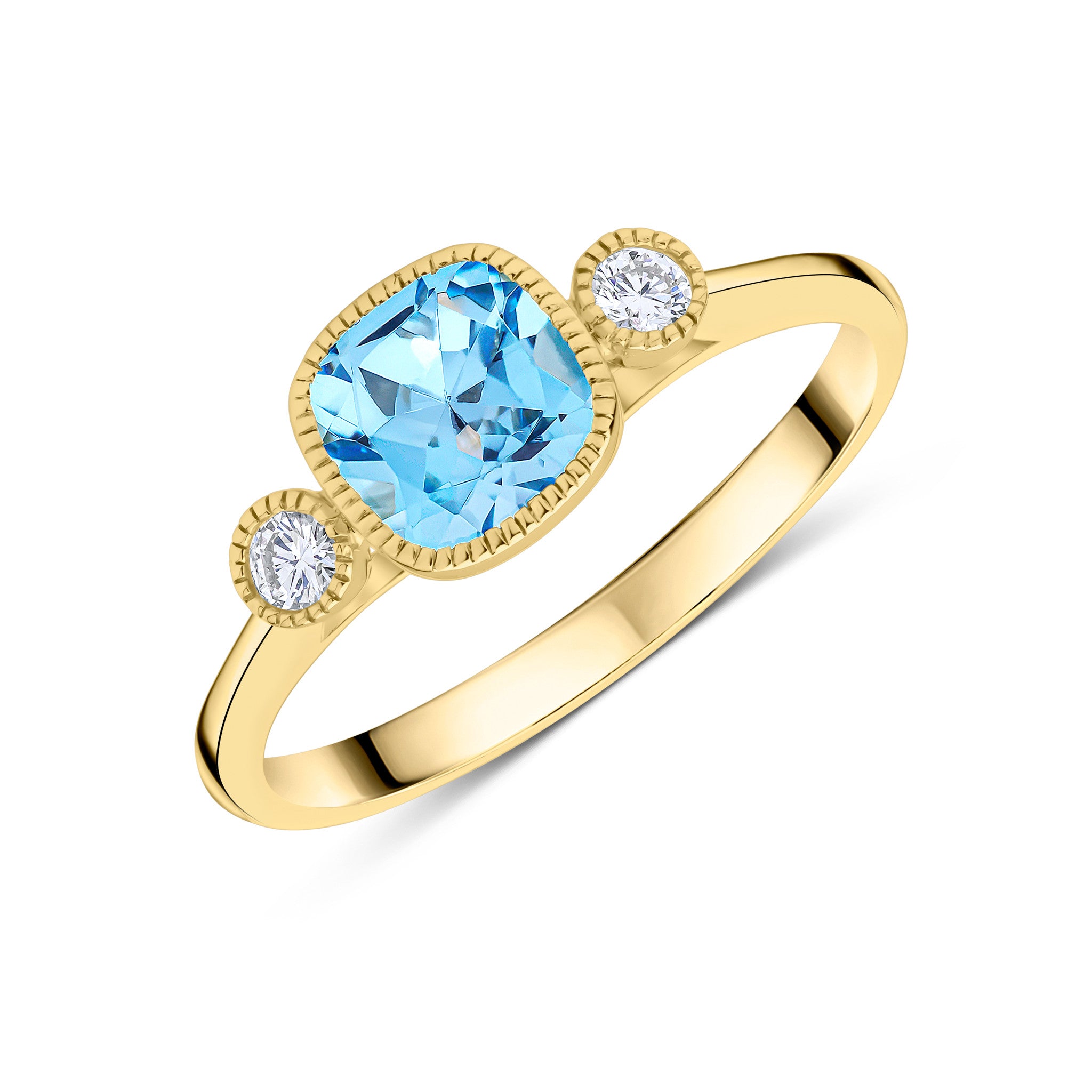 9CT YG 6MM CUSHION SWISS BLUE TOPAZ & ROUND DIAMOND MILLEGRAIN SET 3ST RING