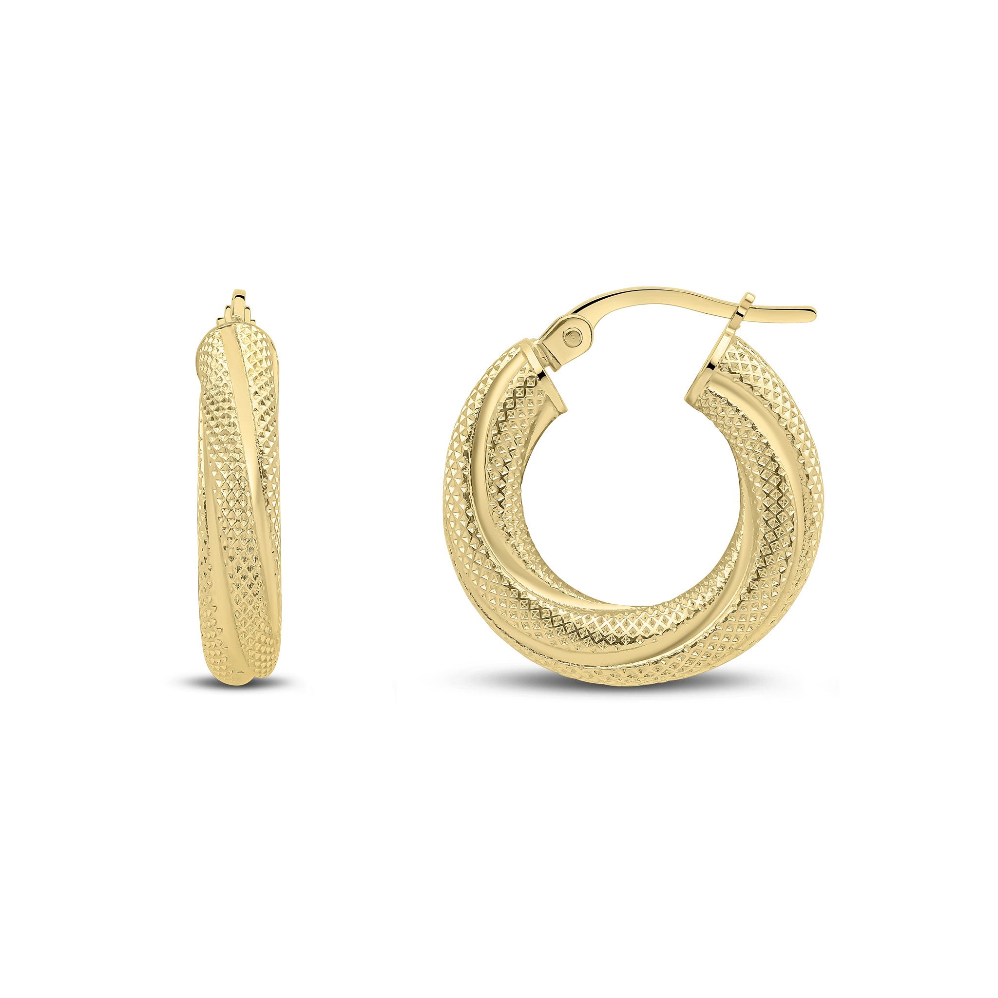 18CT YELLOW GOLD THICK TEXTURED FINISH TWIST ROUND HOOP EARRINGS 18MM DIAMETER