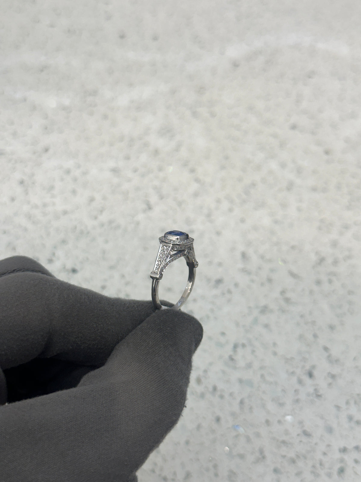 Platinum Blue Cushion Sapphire & Diamond Multi Pave Legend Shank Ring