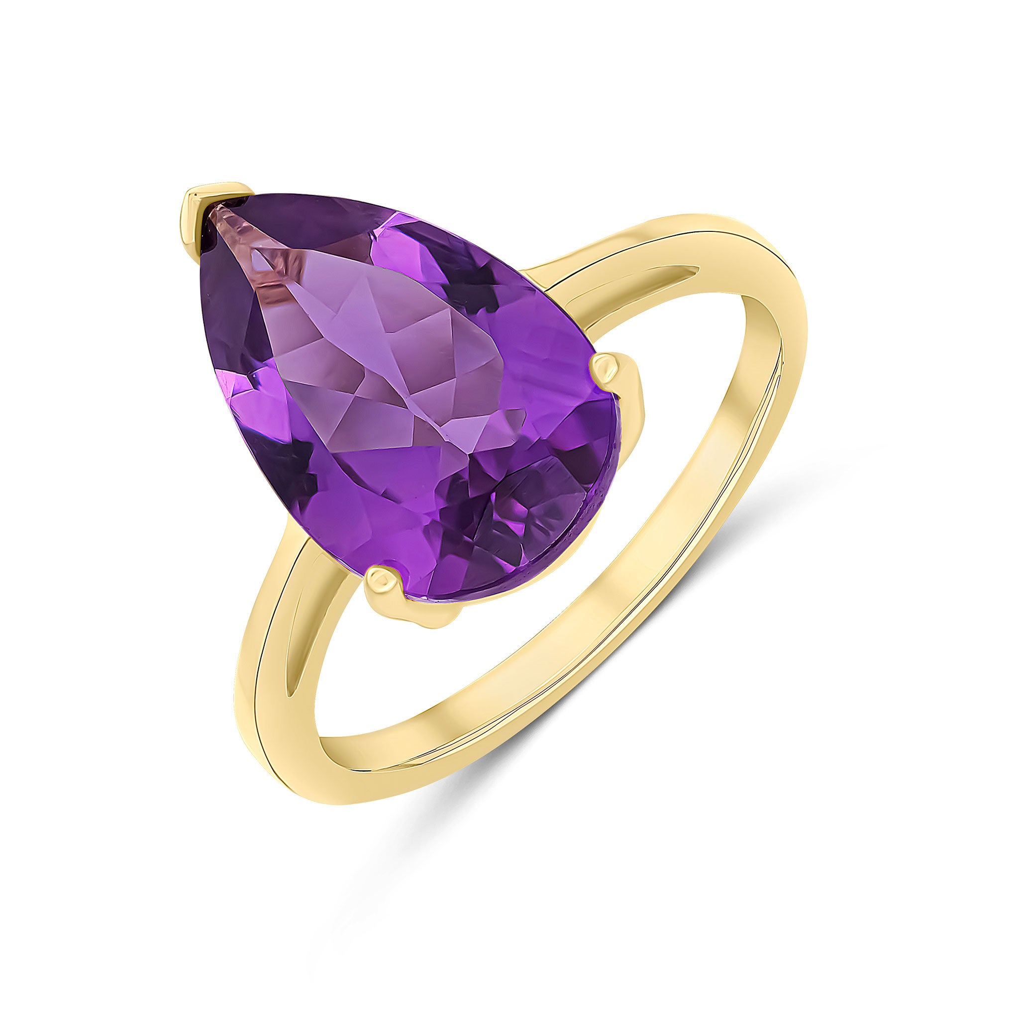9CT YG 14X9 PEARSHAPE AMETHYST CLAW SET SINGLE STONE RING