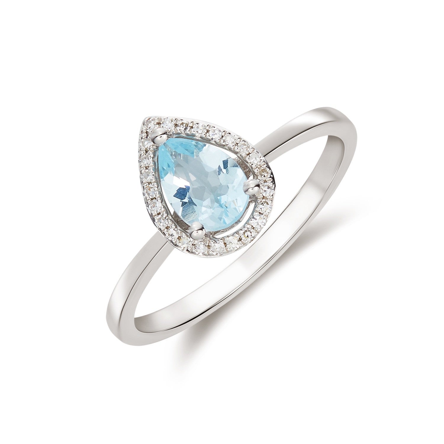 9CT WG 7X5 PEARSHAPE AQUA & ROUND DIAMOND CLAW SET HALO CLUSTER RING