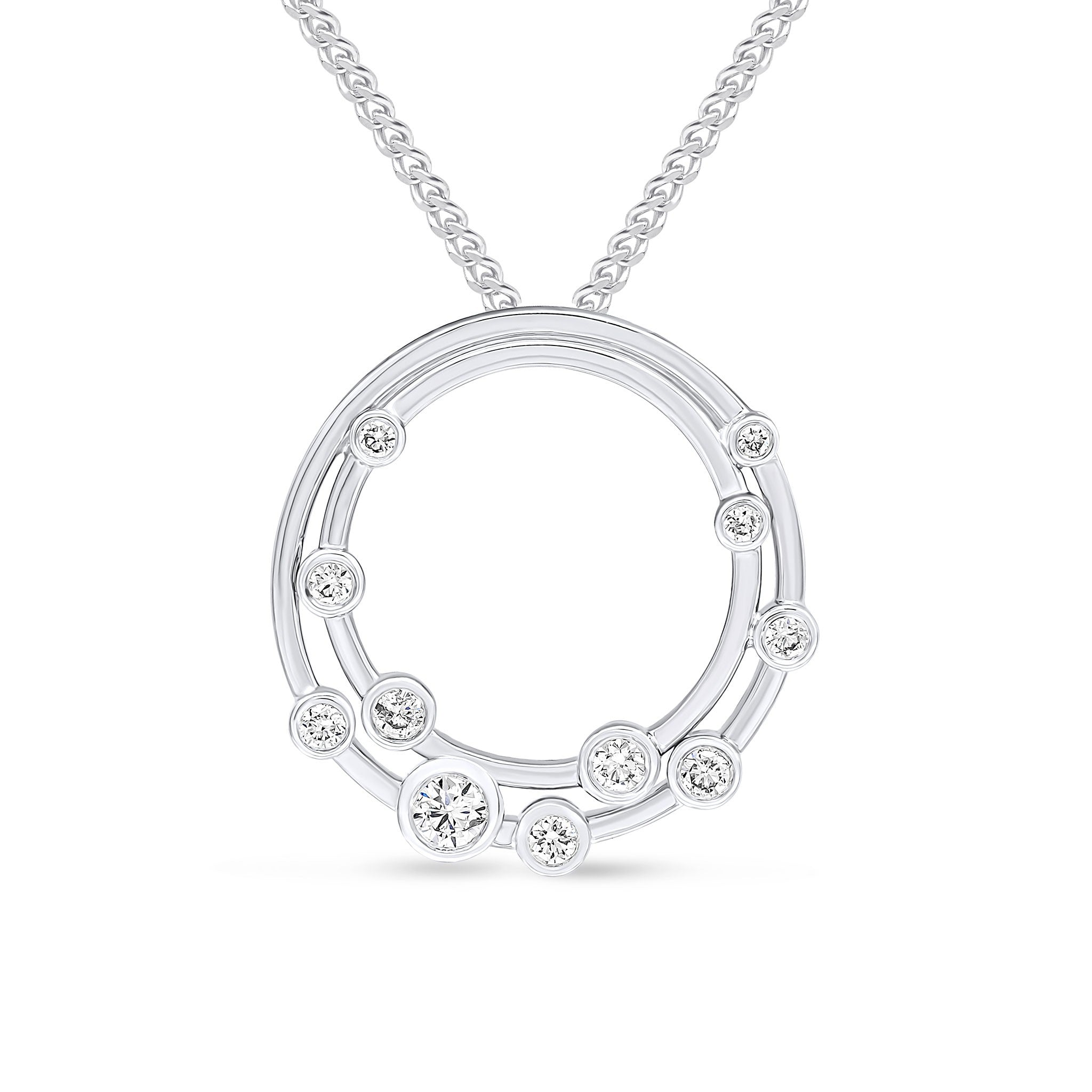 18CT WG RUBOVER ROUND DIAMOND 'BUBBLE' DOUBLE CIRCLE SLIDER PENDANT. 18MM DIAMETER