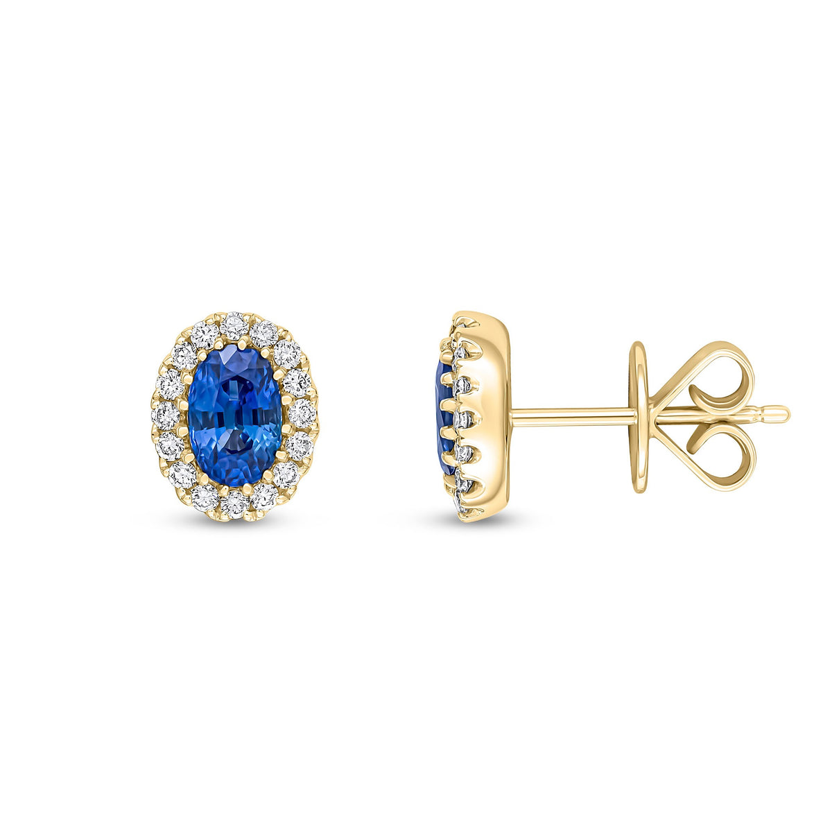 18CT YG 6X4 OVAL SAPPHIRE AND ROUND DIAMOND CLAW CLUSTER EARRINGS