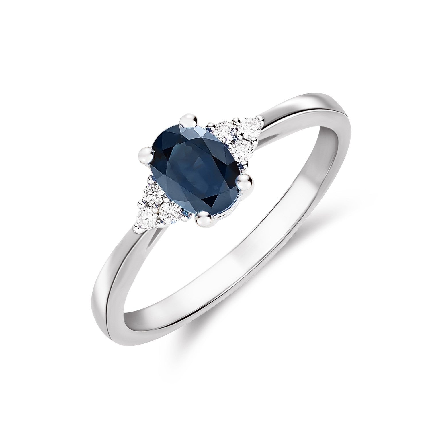9CT WG 7X5 OVAL SAPPHIRE & DIAMOND TREFOIL SHOULDERS CLAW SET RING