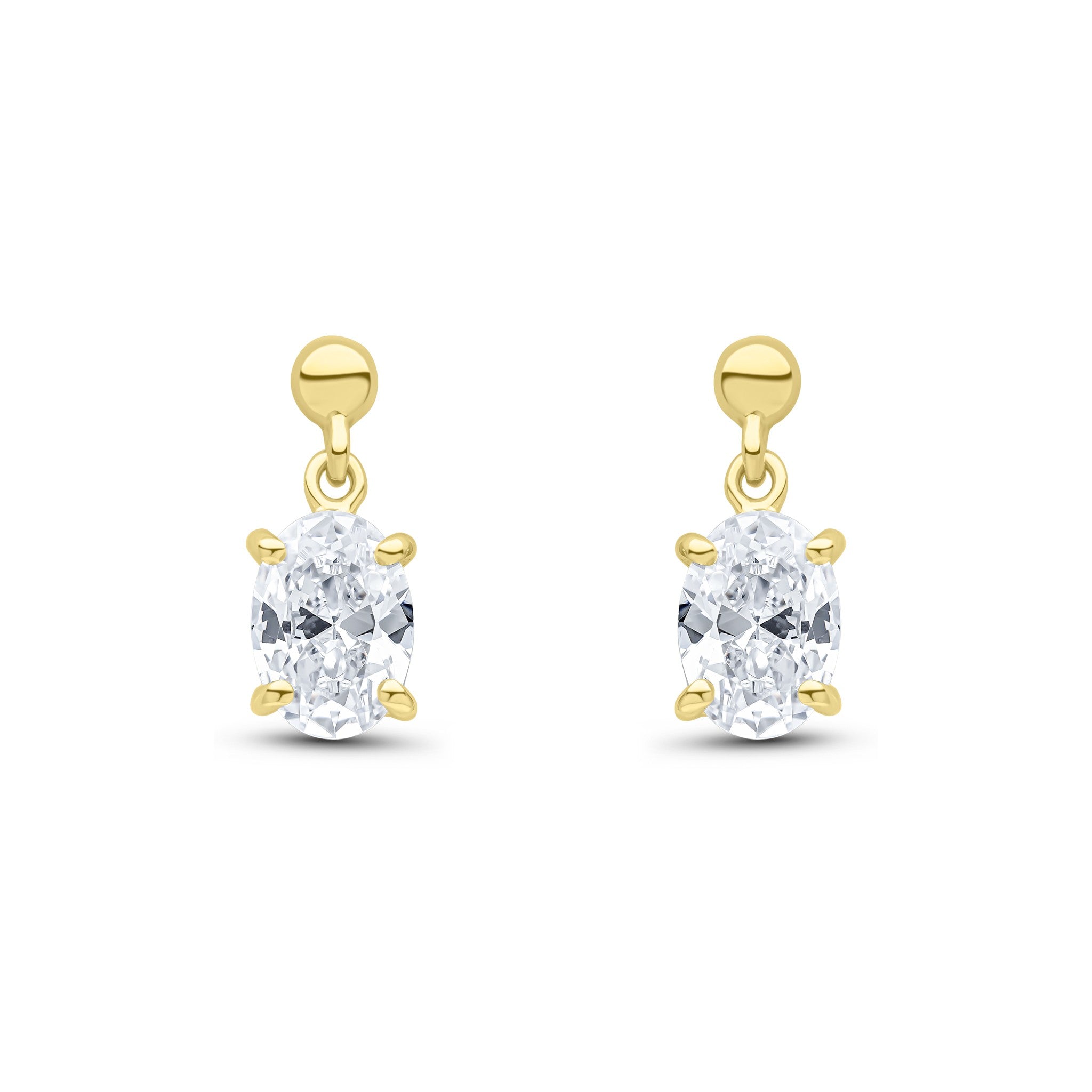 9CT YG 7X5 OVAL CZ CLAW SET DROP EARRINGS WITH BEAD TOP