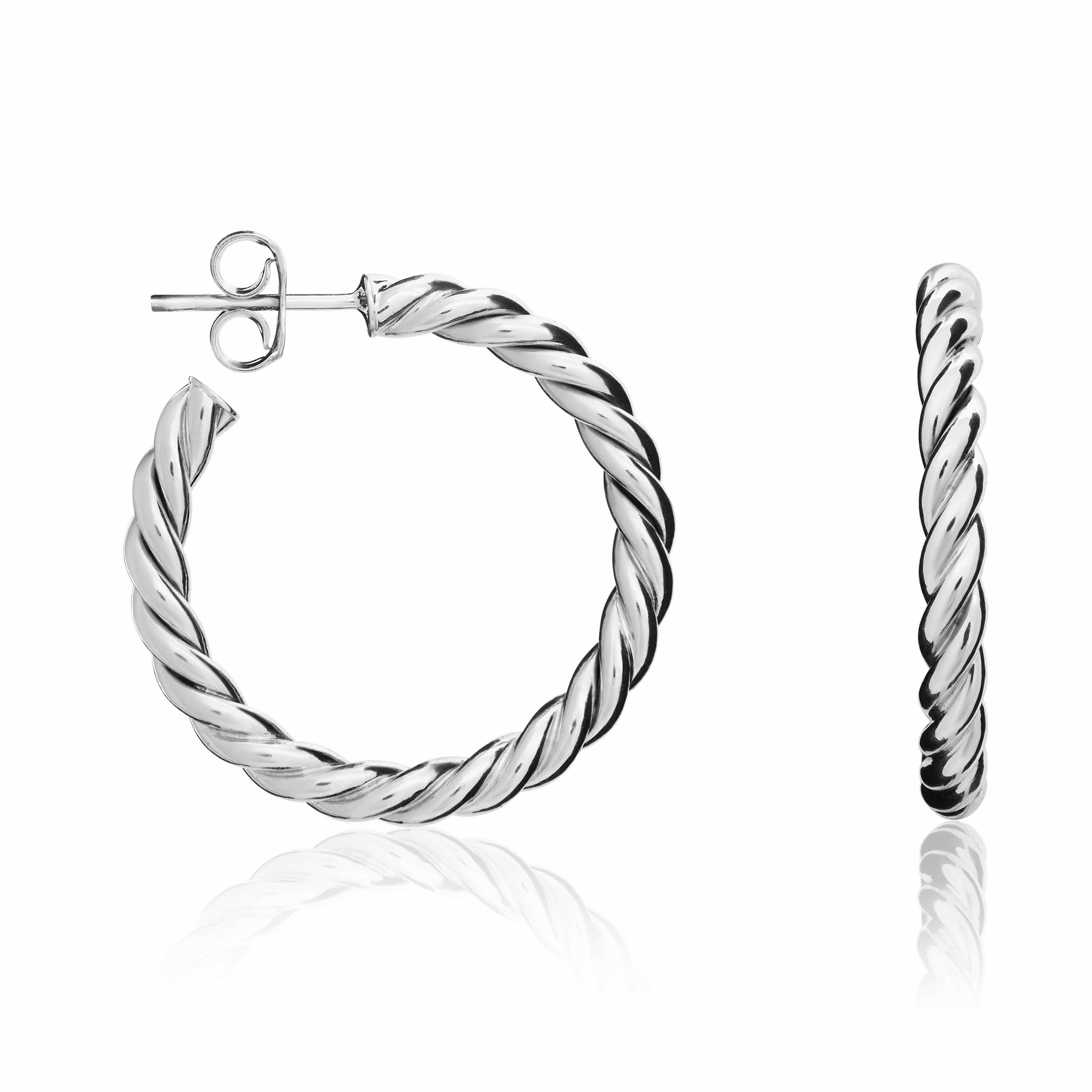 9CT WHITE GOLD ROPE TWIST PEG AND SCROLL HOOP EARRINGS