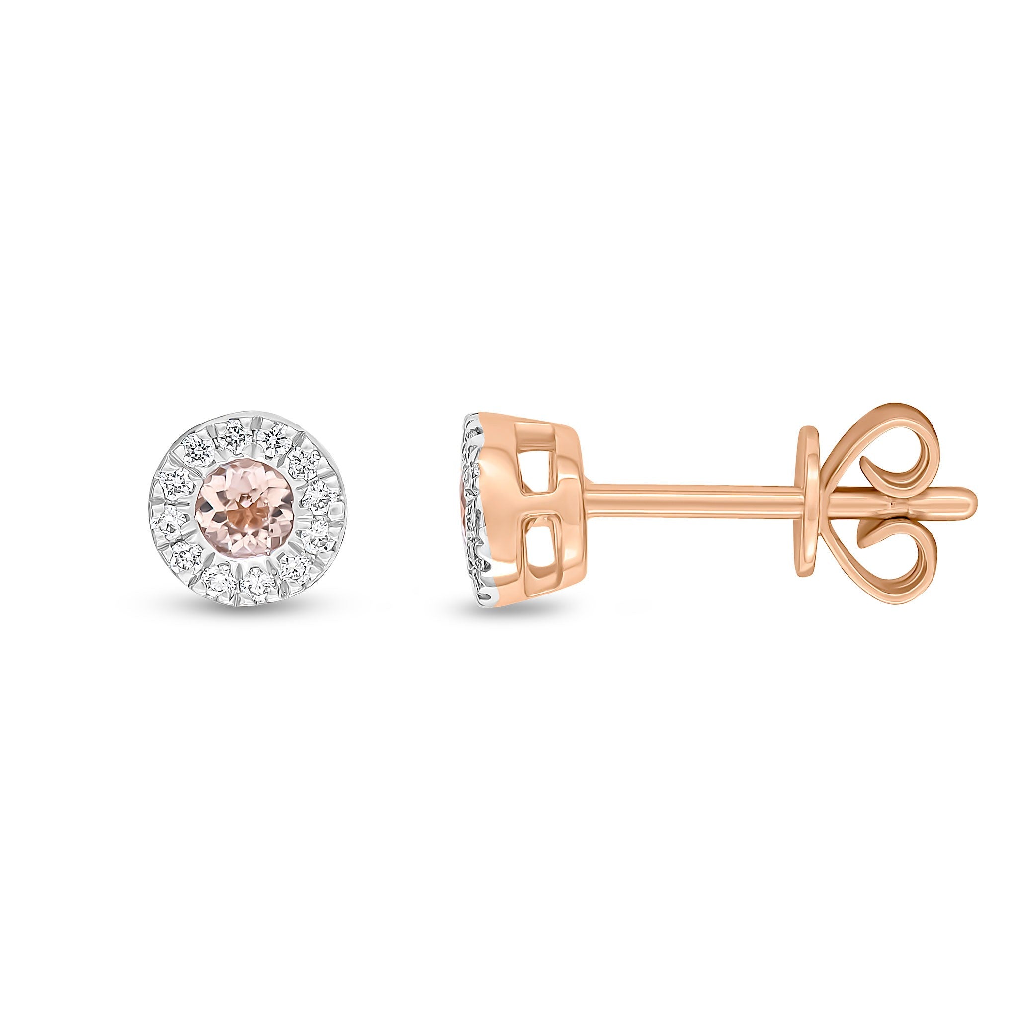 18CT RG 3MM ROUND MORGANITE & DIAMOND MICROSET CLUSTER EARRINGS
