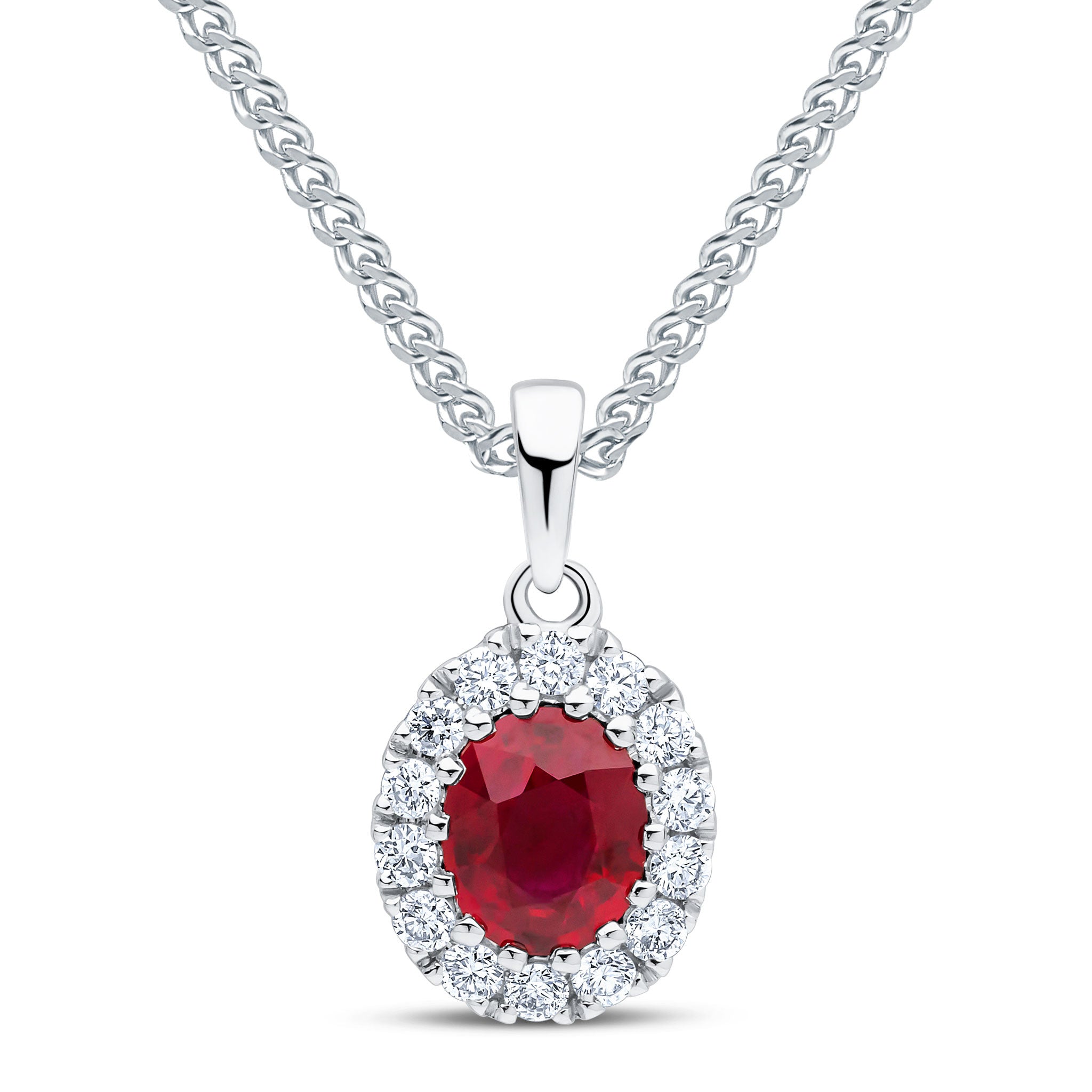 18CT WG 5X4 OVAL RUBY AND ROUND DIAMOND CLAW SET CLUSTER PENDANT