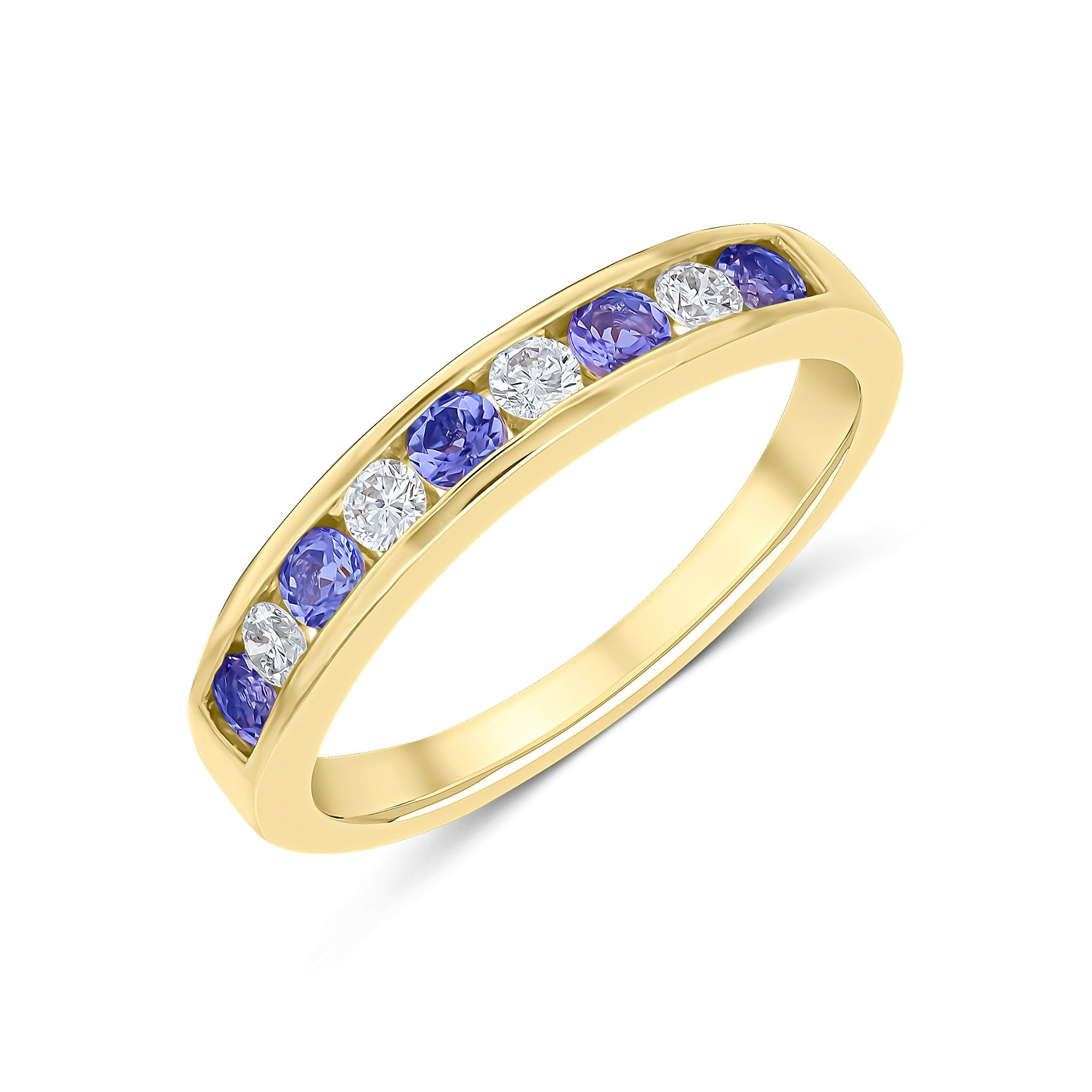 9CT YG ROUND TANZANITE AND DIAMOND 9ST CHANNEL SET HALF ETERNITY RING