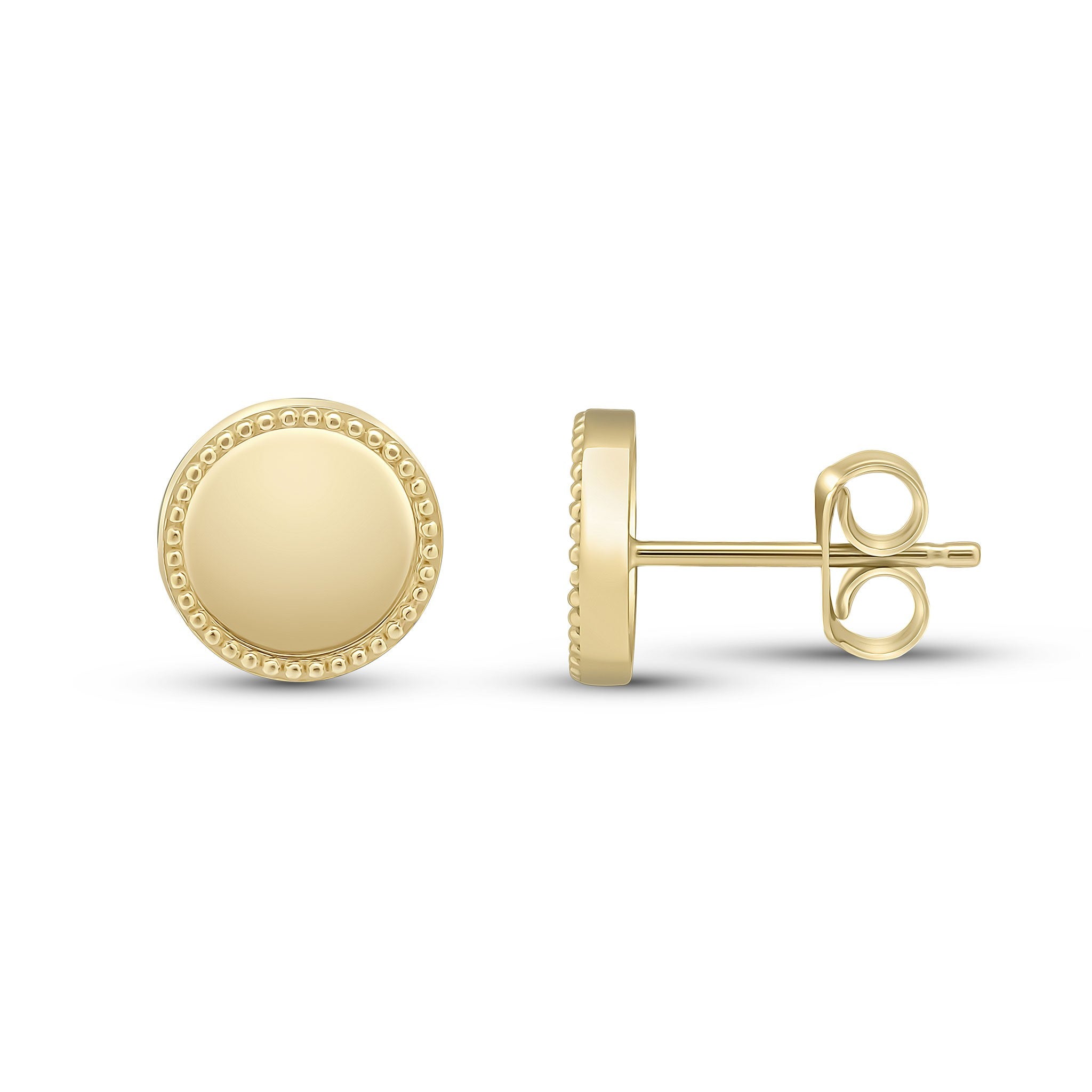 9CT YELLOW GOLD PLAIN CIRCLE STUD EARRINGS WITH BEADED EDGE. LARGE