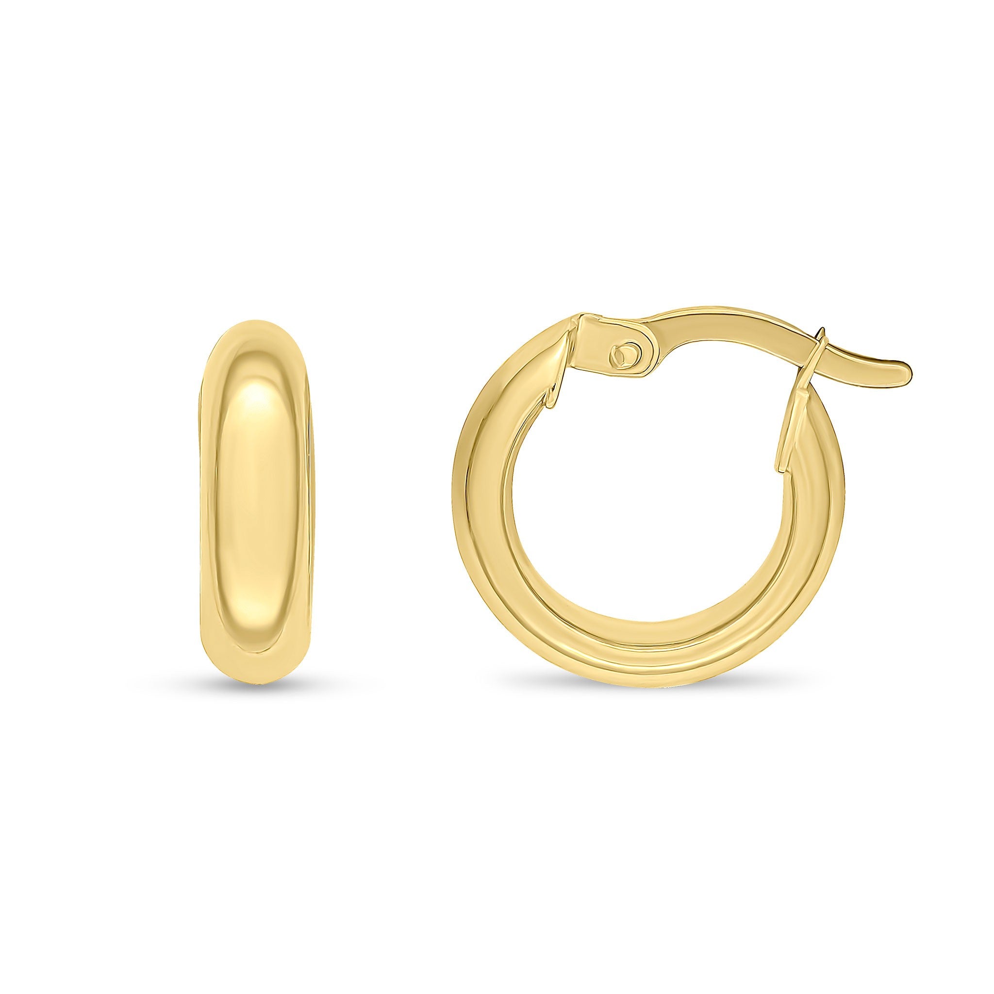 18CT YG POLISHED 4MM WEDDING RING STYLE HOOP EARRINGS. 14MM OUTER DIAMETER