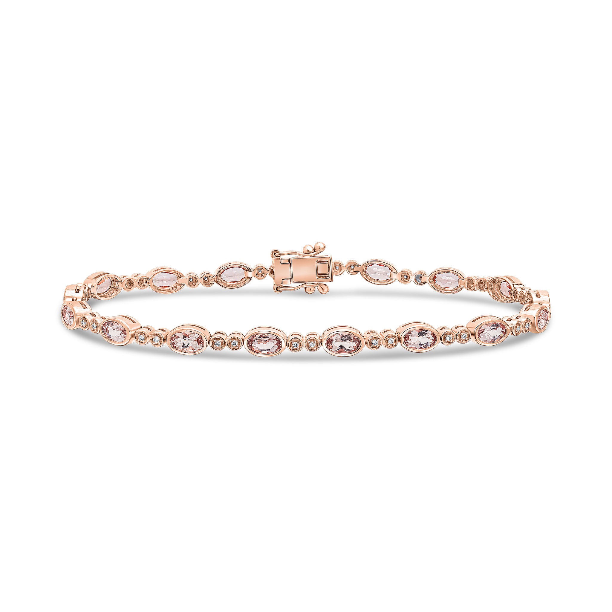 18CT RG OVAL MORGANITE AND ROUND DIAMOND RUBOVER LINE BRACELET