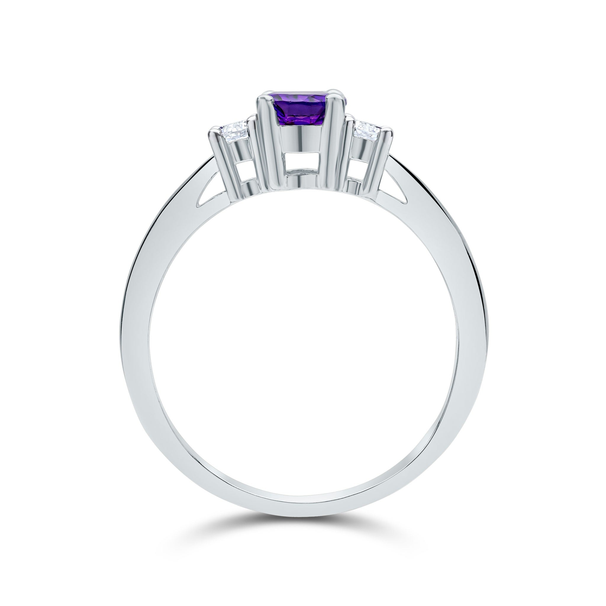 9CT WG 7X5 OVAL AMETHYST AND ROUND DIAMOND CLAW SET 3ST RING