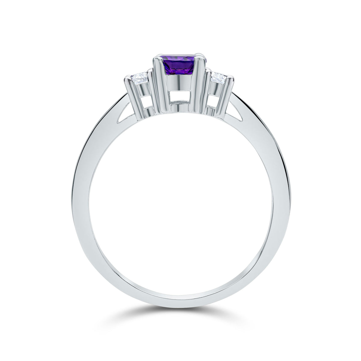 9CT WG 7X5 OVAL AMETHYST AND ROUND DIAMOND CLAW SET 3ST RING