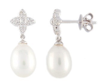 18CT WG CFW PEARL AND DIAMOND FLOWER/STAR TOP DROP EARRINGS
