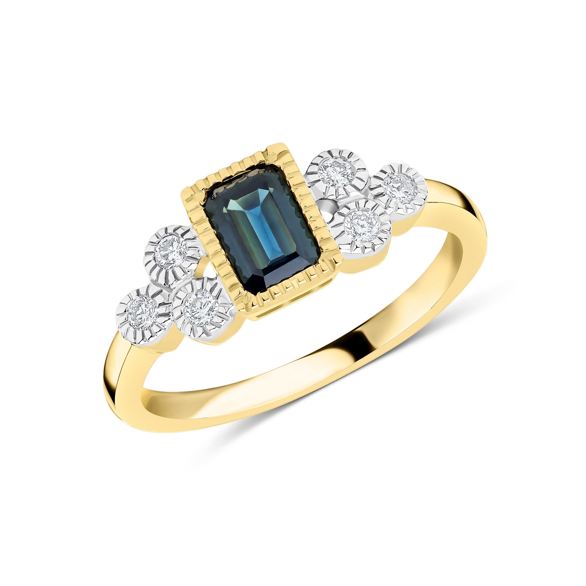 9CT YG 6X4 OCTAGON SAPPHIRE AND DIAMOND TREFOIL SHOULDERS MILLEGRAIN SET RING. RHODIUM TO DIAMONDS